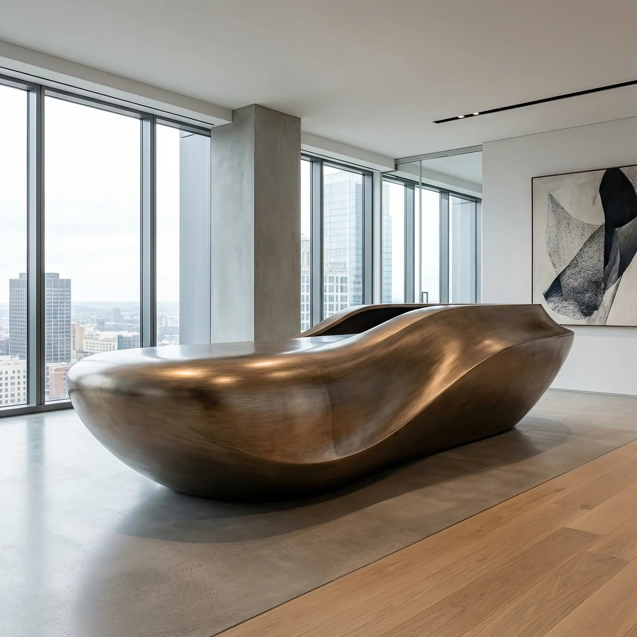 Архитектура и дизайн: Футуристическая стойка приемная обтекаемой формы, покрытая бесшовным слоем состаренной бронзы