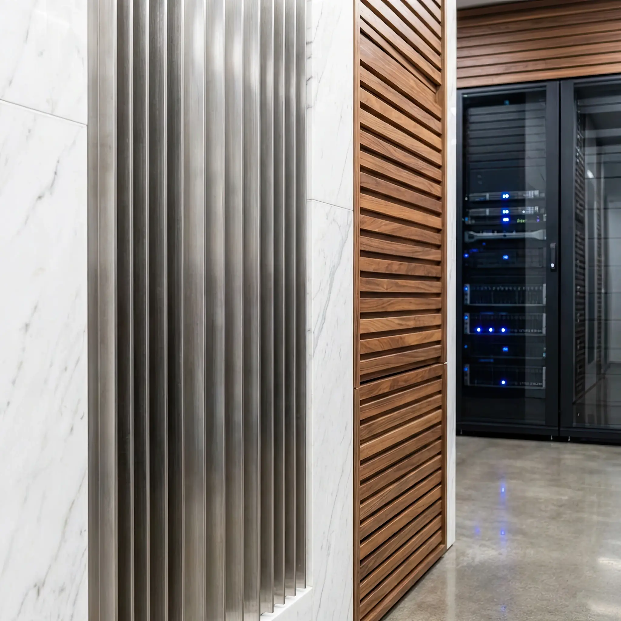 Архитектура и дизайн: Технологическая колонна в вестибюль с прозрачной панелью, за которой видны трубки с циркулирующим жидким азотом, охлаждающим ядро суперкомпьютера здания