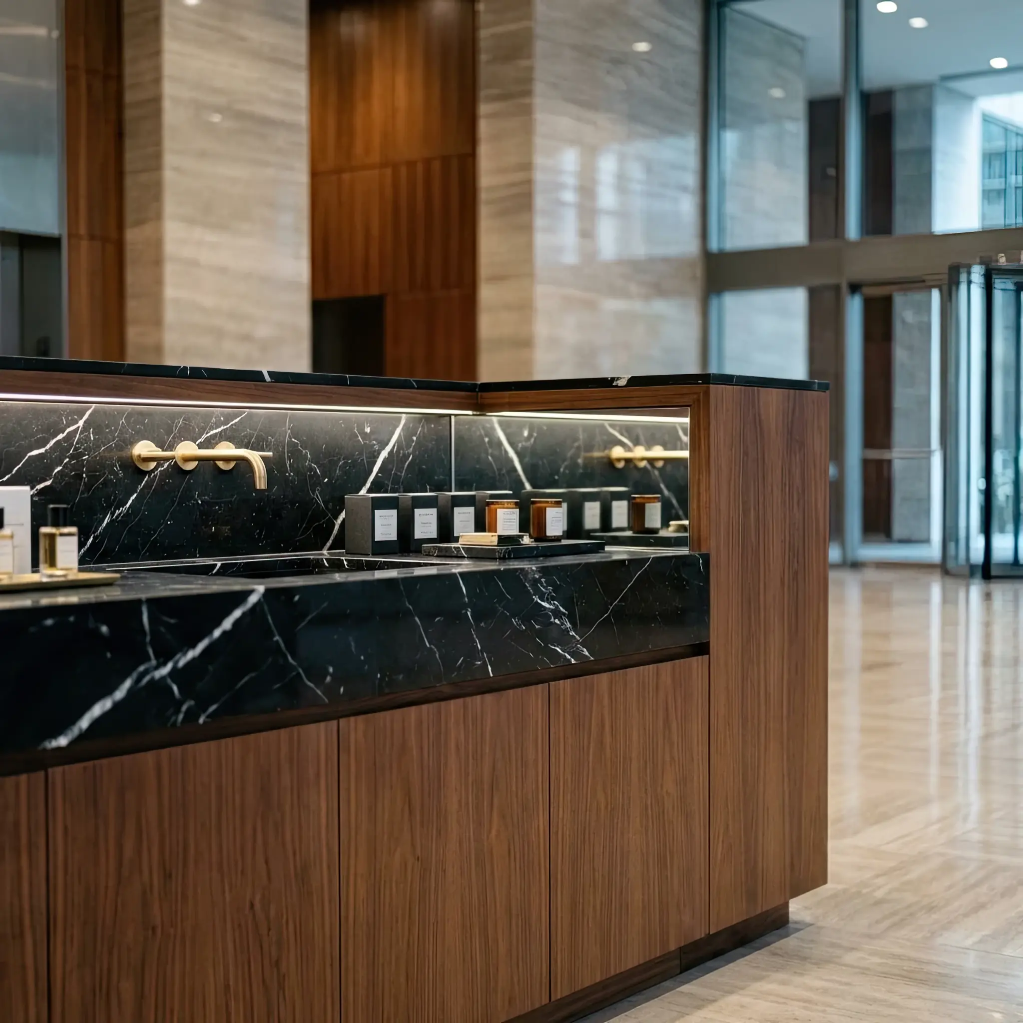 Interior detail: The Hybrid Counter: Coffee, Check-in, and Service