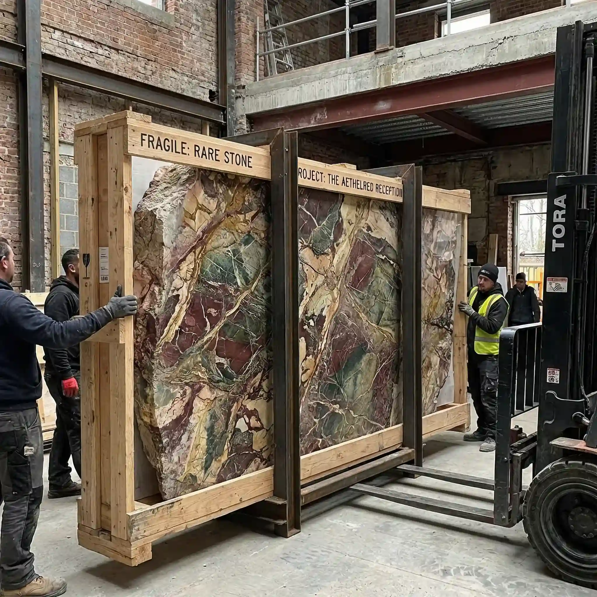 Архитектура и дизайн: Транспортировка огромного слэба редкого камня в специально защищенной раме