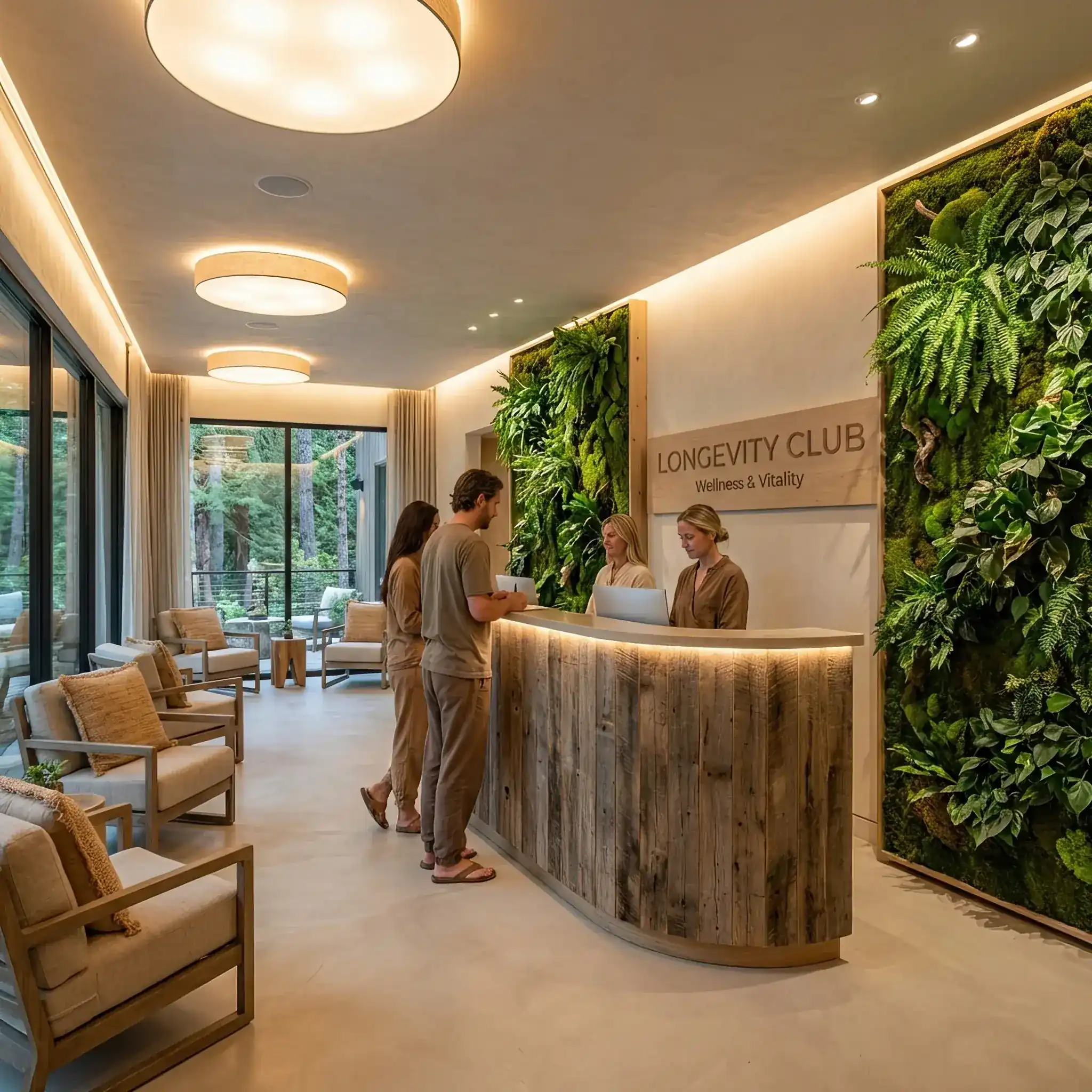 Архитектура и дизайн: Приемная в Longevity-клубе с использованием натурального дерева, живых растений и мягкого полноспектрального освещения