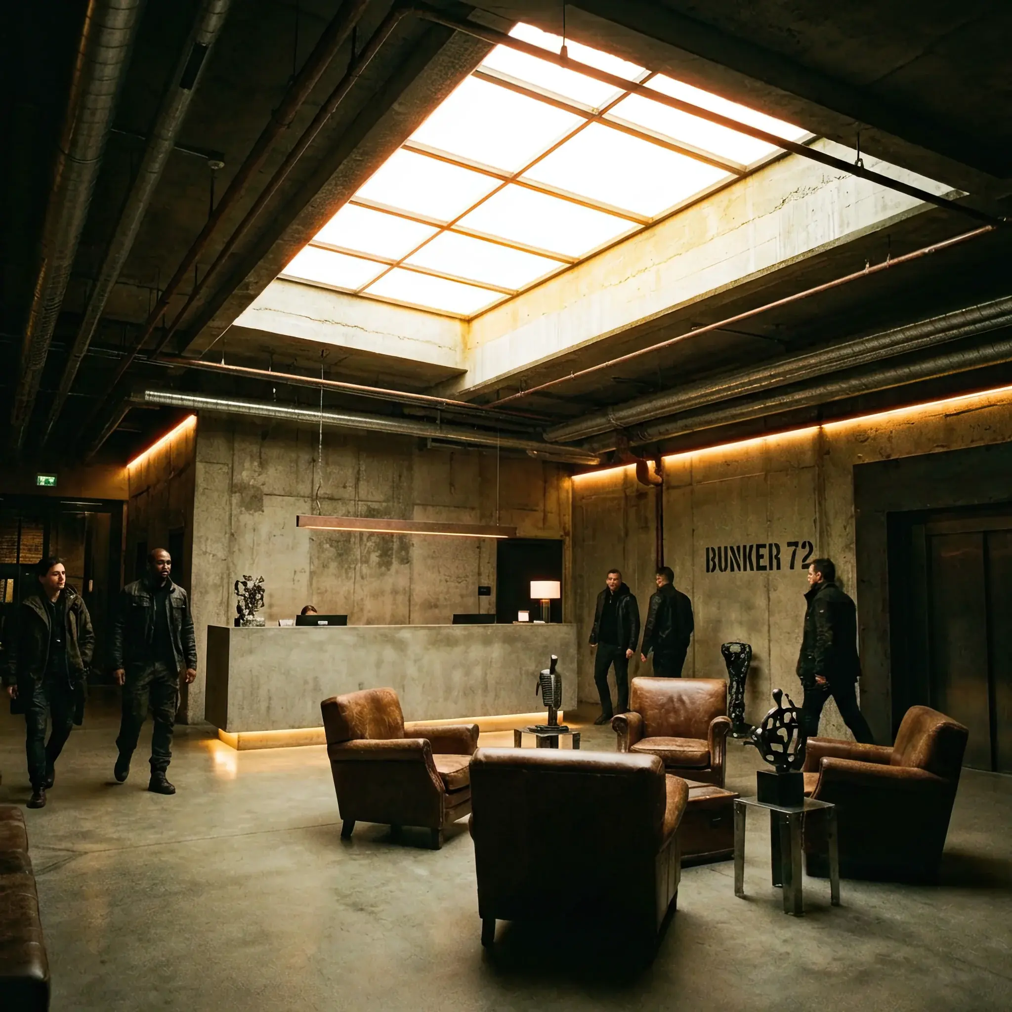 Архитектура и дизайн: Подземное вестибюль с искусственным 'окном' в потолке, имитирующим солнечный день, и бетонной стойкой