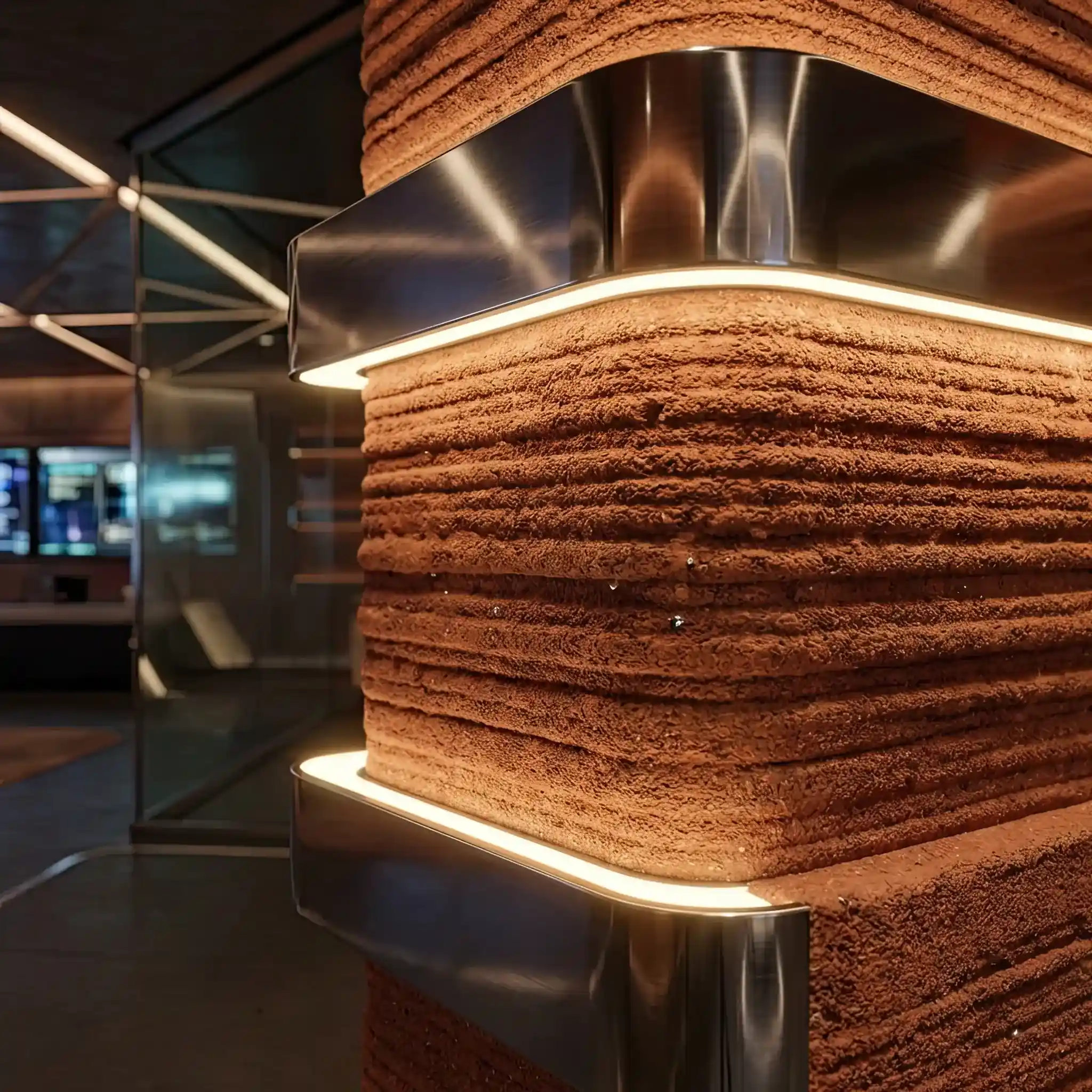 Interior detail: Mars base interior palette: cool blues and greens contrasting with rusty regolith