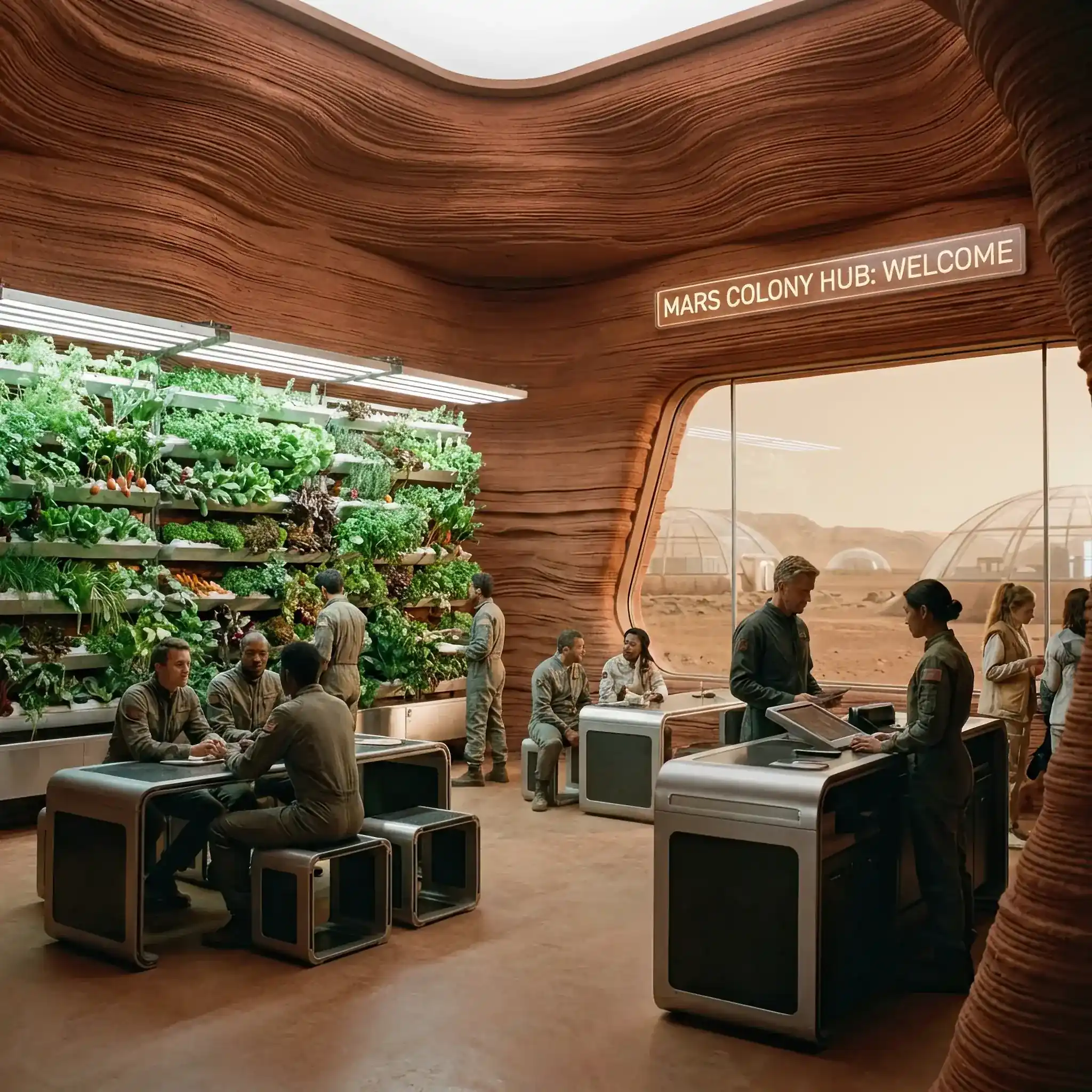 Архитектура и дизайн: Приемная, напечатанный из имитации марсианского реголита, с зеленой стеной гидропоники