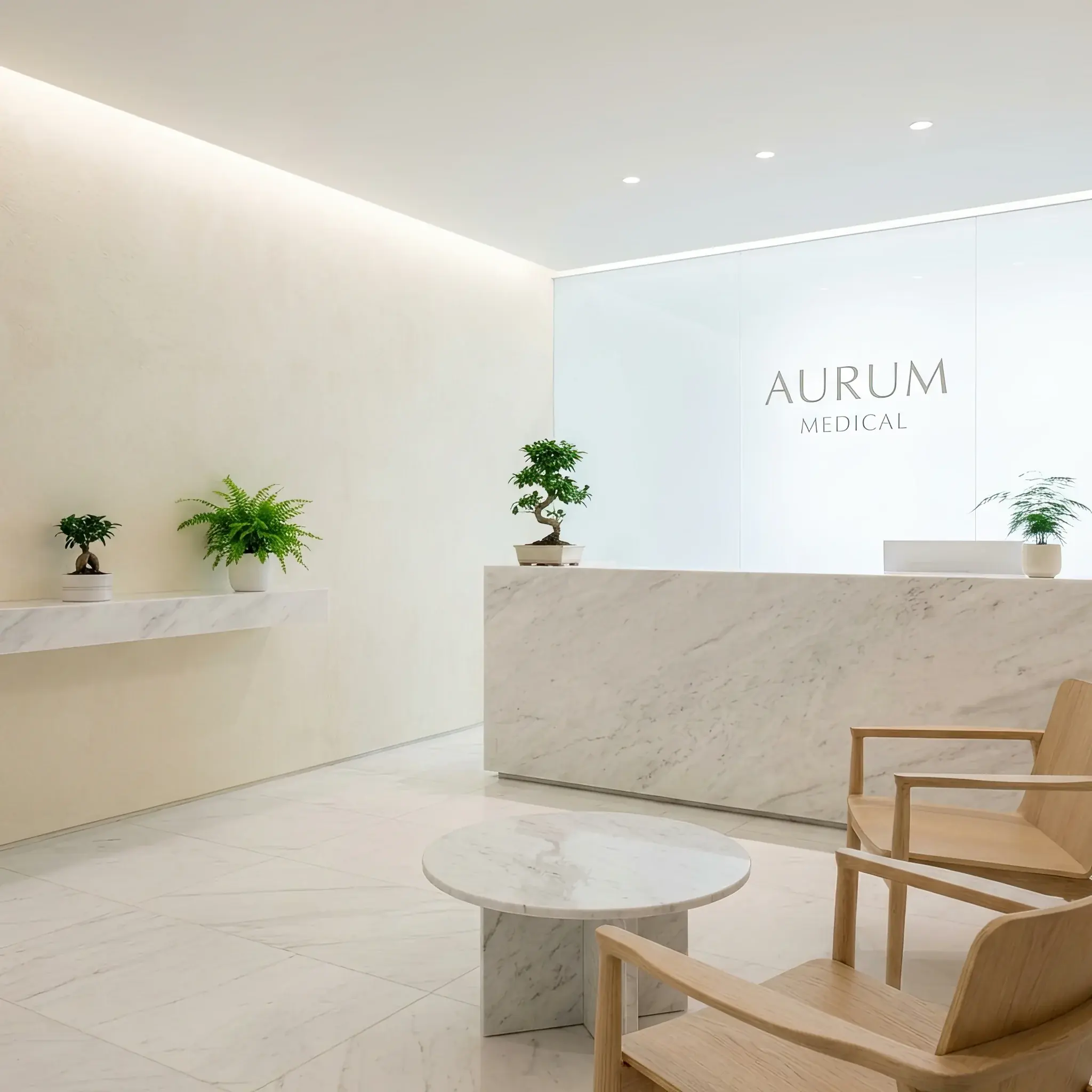 Архитектура и дизайн: Минималистичный и стерильный приемная клиники в светлых тонах с мягким освещением и живыми растениями