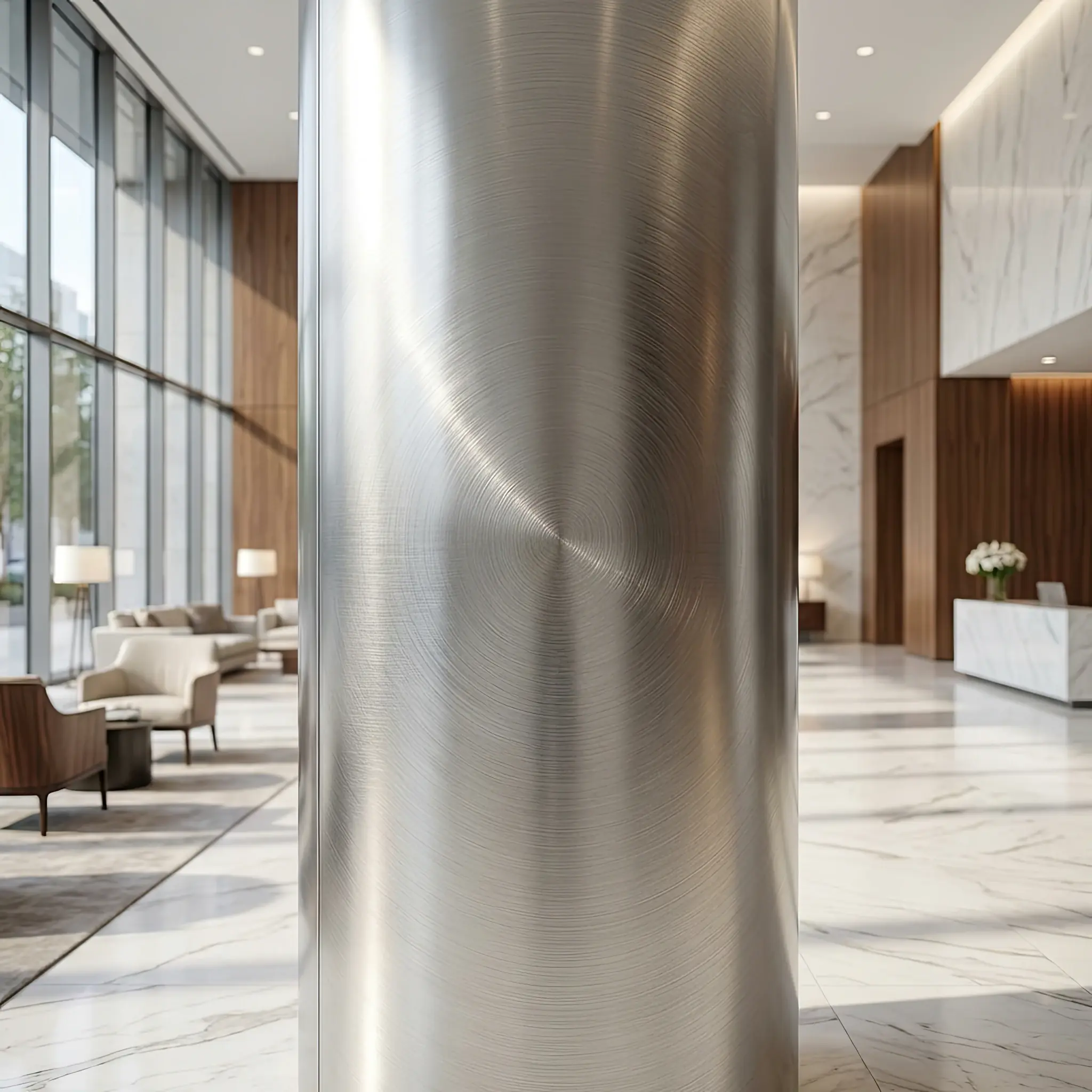 Архитектура и дизайн: Деталь полированной стальной колонны в вестибюль, где микро-царапина затягивается защитным составом, сохраняя материальное совершенство отделки