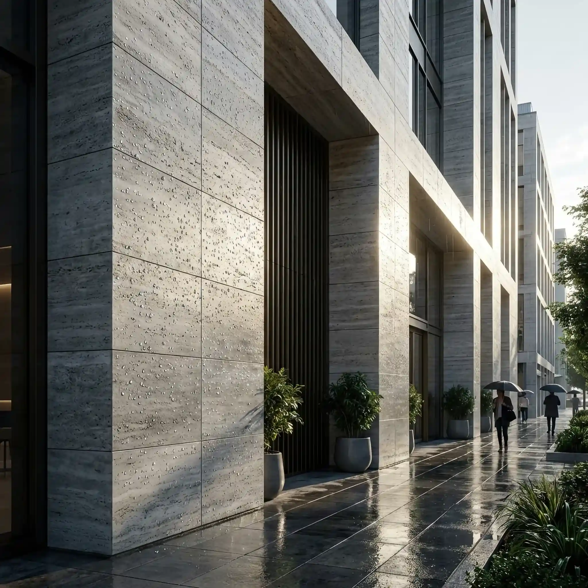 Архитектура и дизайн: Фасад элитного вестибюль, где текстура натурального камня остается безупречной благодаря нано-покрытию, отторгающему любые красители