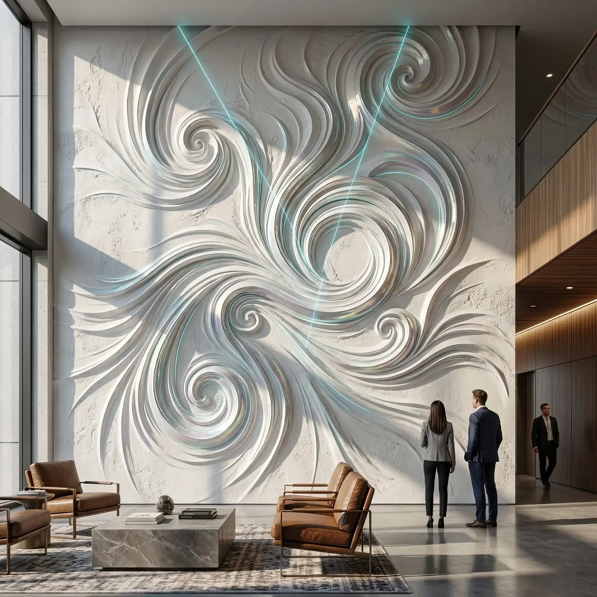 Архитектура и дизайн: Светотень подчеркивает детализацию белого барельефа в вестибюль: нано-защита предотвращает сколы на острых гранях