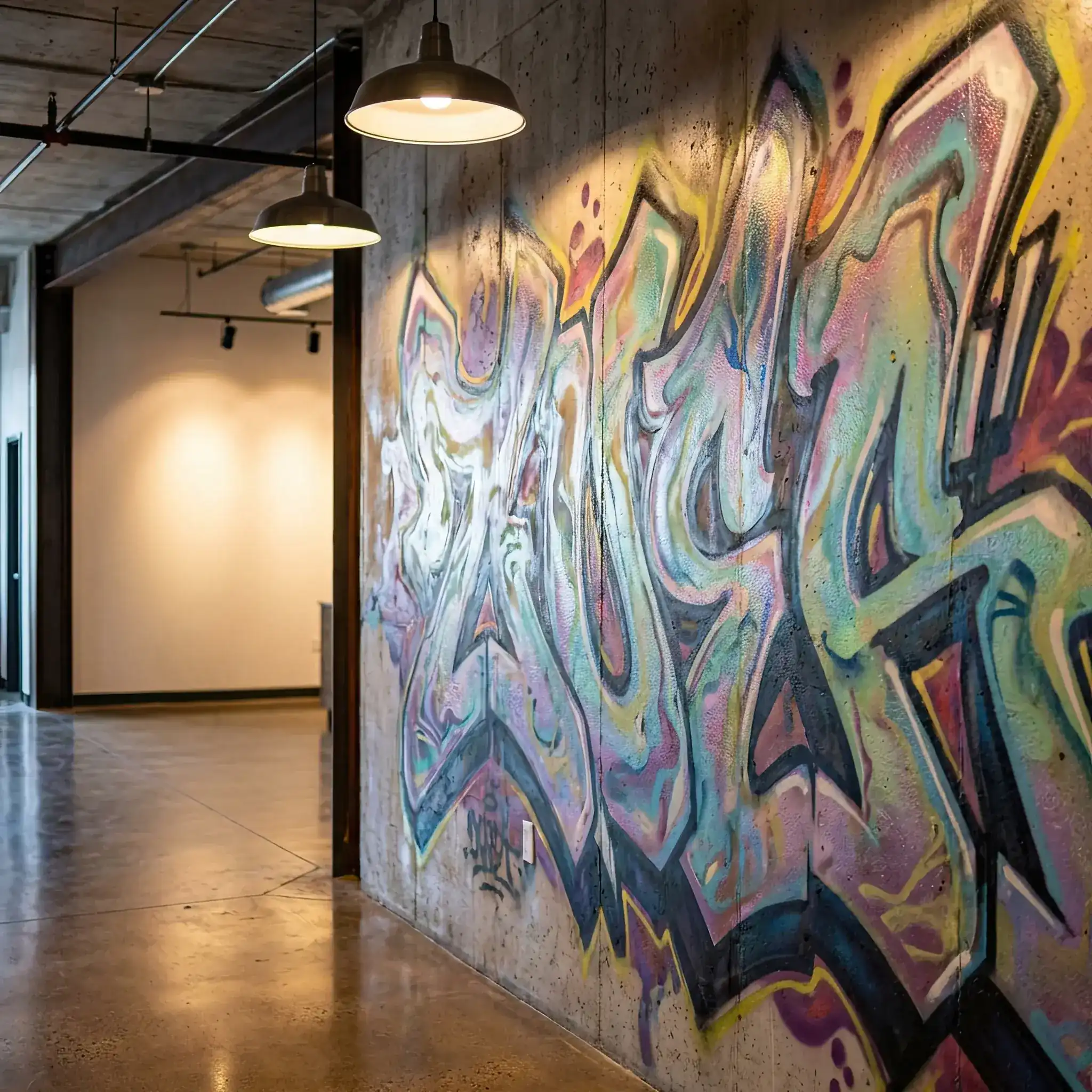 Архитектура и дизайн: Граффити-инсталляция в стиле 'урбан' в атриуме вестибюль под невидимой защитой нано-покрытия