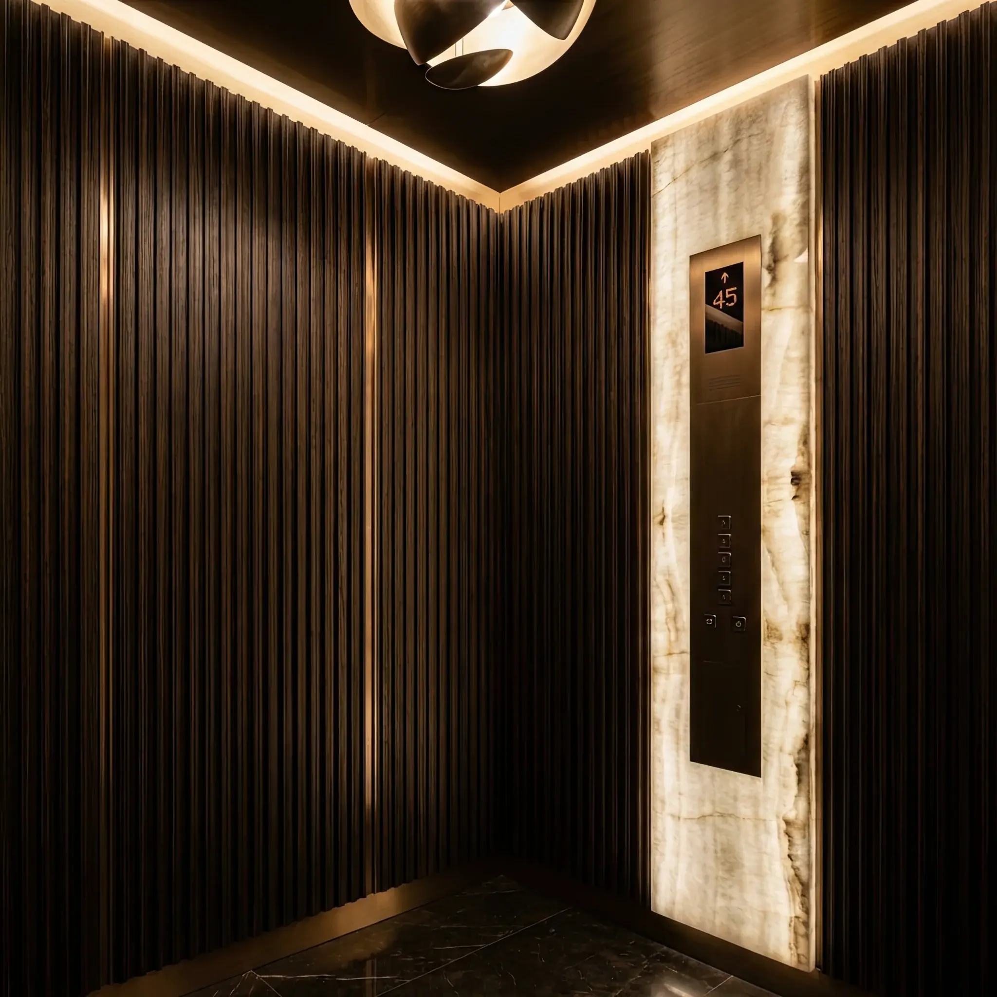 Архитектура и дизайн: Интерьер лифта будущего с бесшовными цифровыми панелями и отделкой из анодированного алюминия