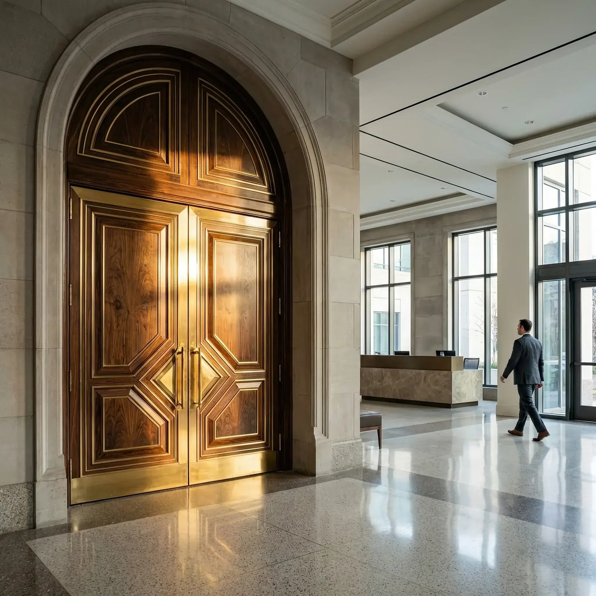 Архитектура и дизайн: Величественная входная группа вестибюль под защитой нано-покрытия, сохраняющего идеальный блеск металла и текстуру дерева