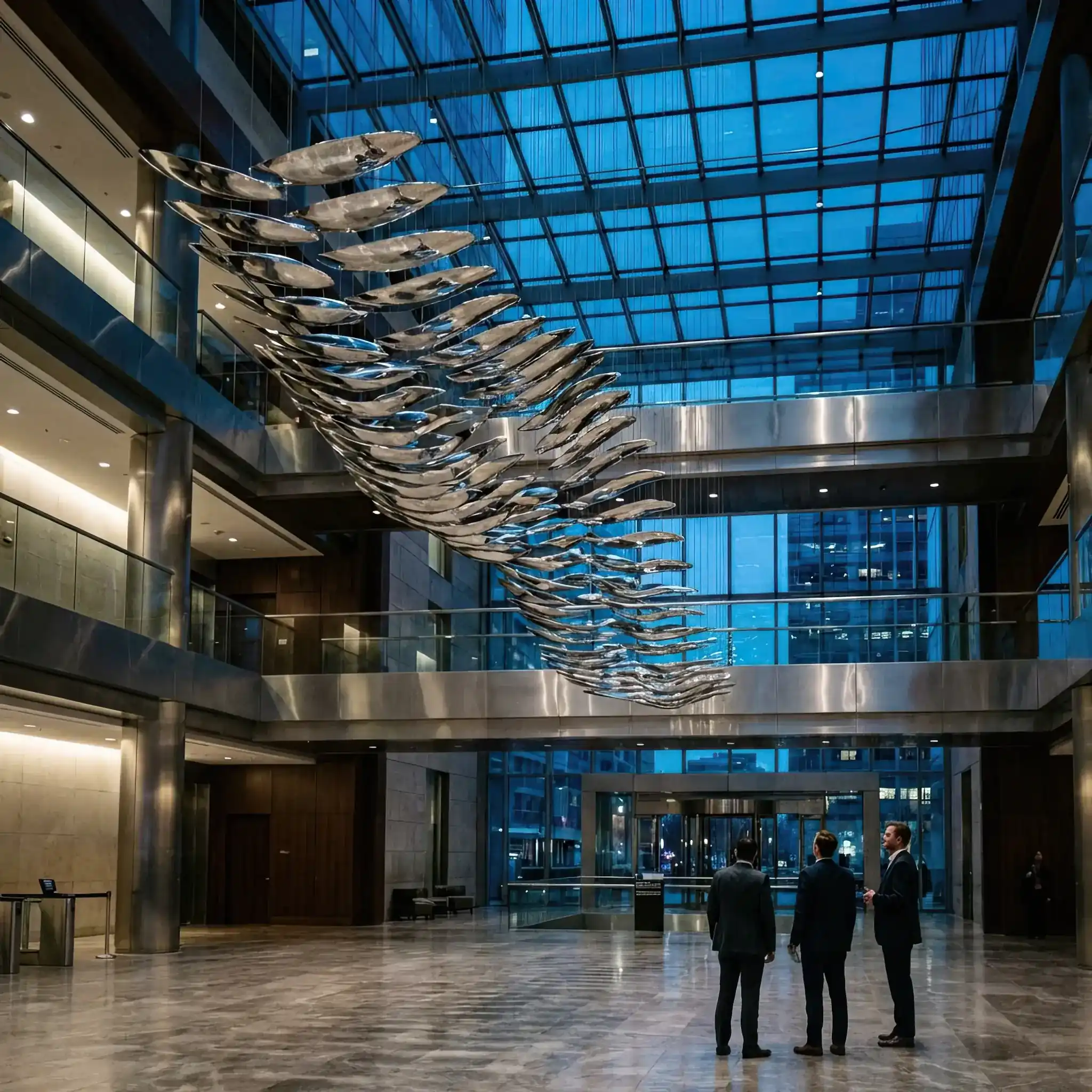 Архитектура и дизайн: Детали движущейся металлической скульптуры в вестибюль: нано-покрытие предотвращает износ в точках трения