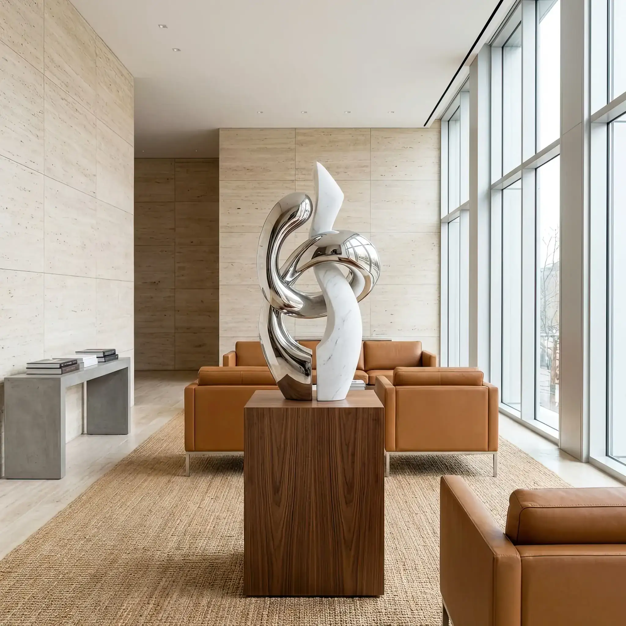 Архитектура и дизайн: Гость касается поверхности кинетической скульптуры в вестибюль: нано-покрытие предохраняет арт-объект от отпечатков и микро-повреждений