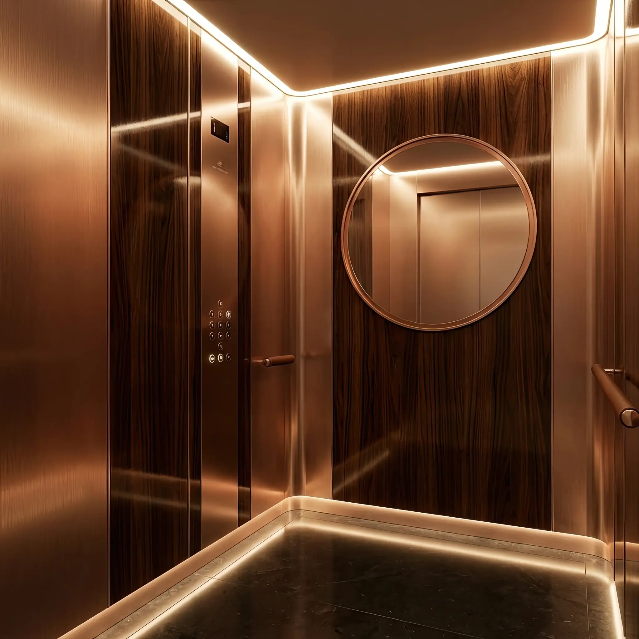 Архитектура и дизайн: Интерьер премиального лифта в вестибюль, где полированные поверхности из титана и дерева защищены нано-композитом от царапин