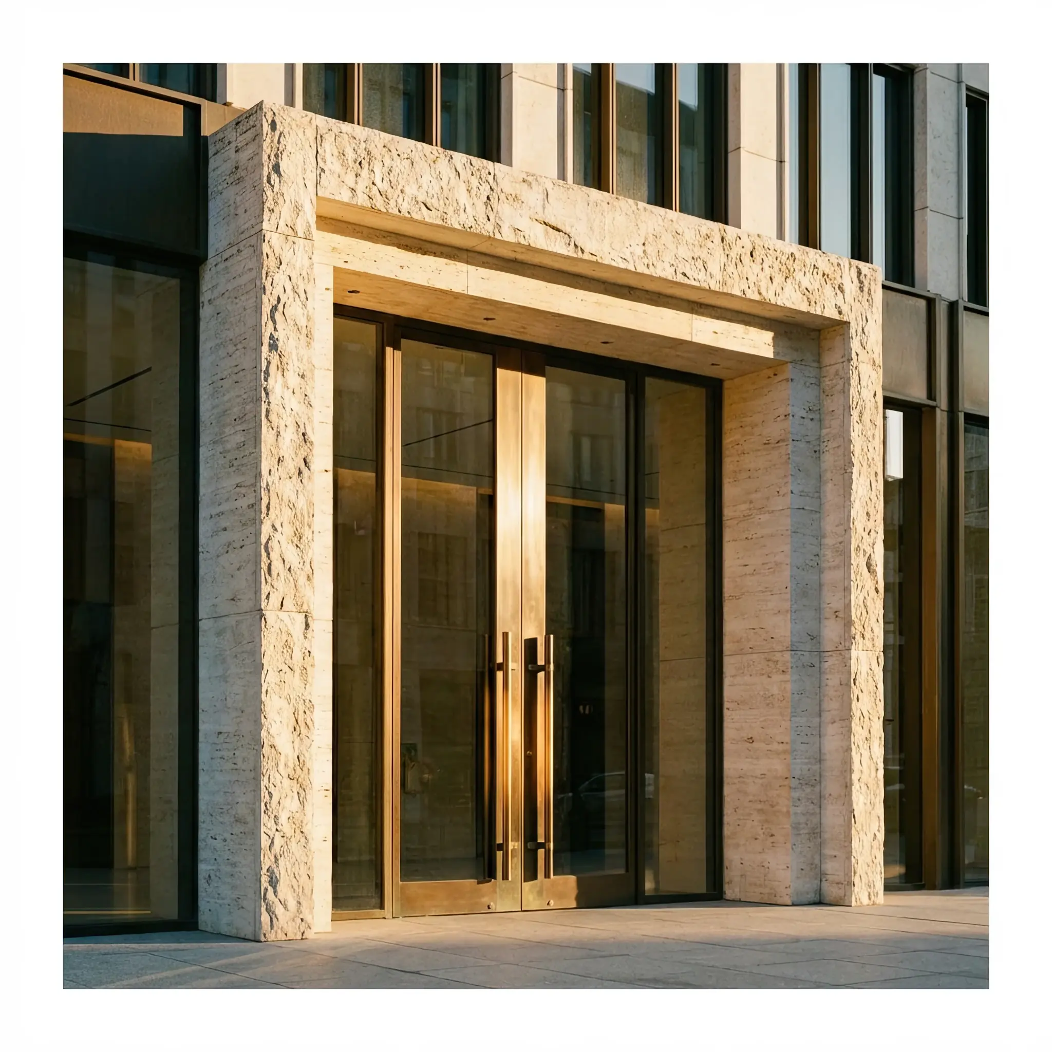 Архитектура и дизайн: Входная группа из текстурированного травертина: нано-покрытие защищает пороги и ручки от износа, сохраняя естественную красоту камня