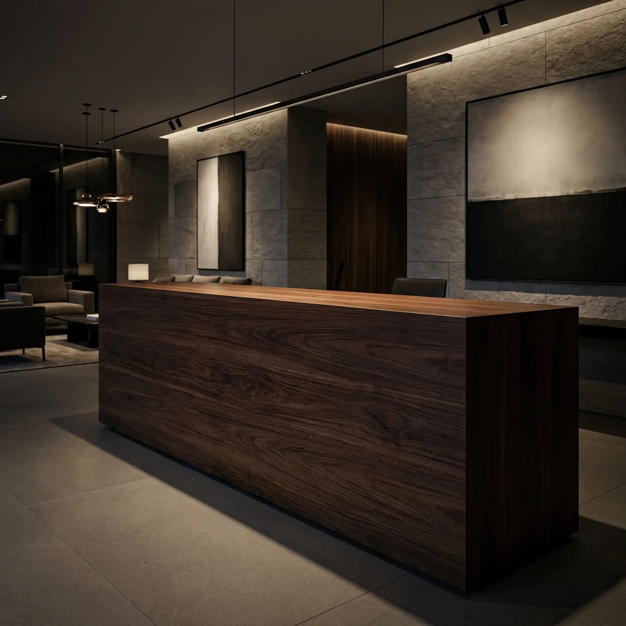 Архитектура и дизайн: Информационная стойка из темного американского ореха с нано-защитой: поверхность остается идеально гладкой даже при интенсивном контакте с устройствами и ключами