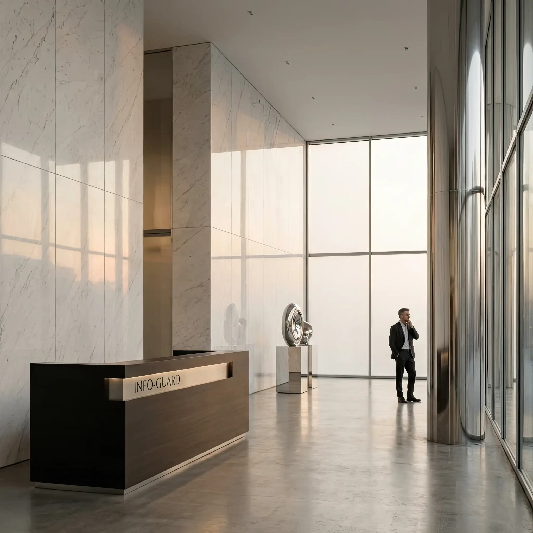 Архитектура и дизайн: Гость изучает карту здания на информационном дисплее: нано-покрытие устраняет следы касаний и микро-царапины