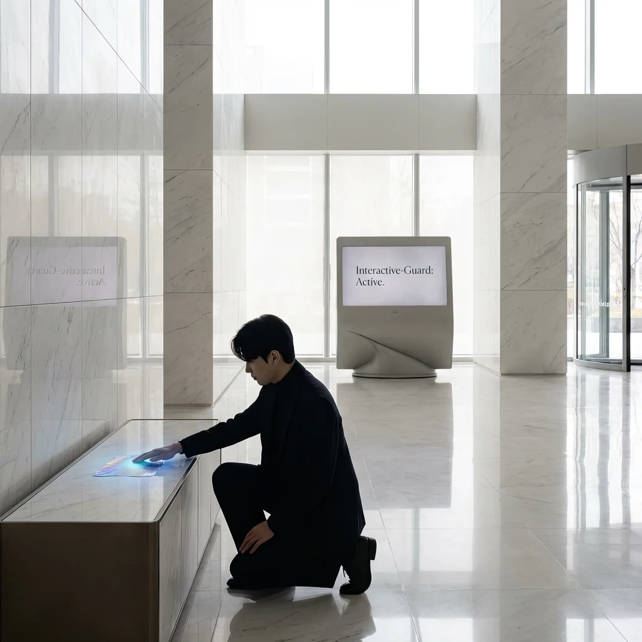 Архитектура и дизайн: Гость взаимодействует с интерактивной рекламой: нано-покрытие устраняет следы касаний и защищает от внешних повреждений