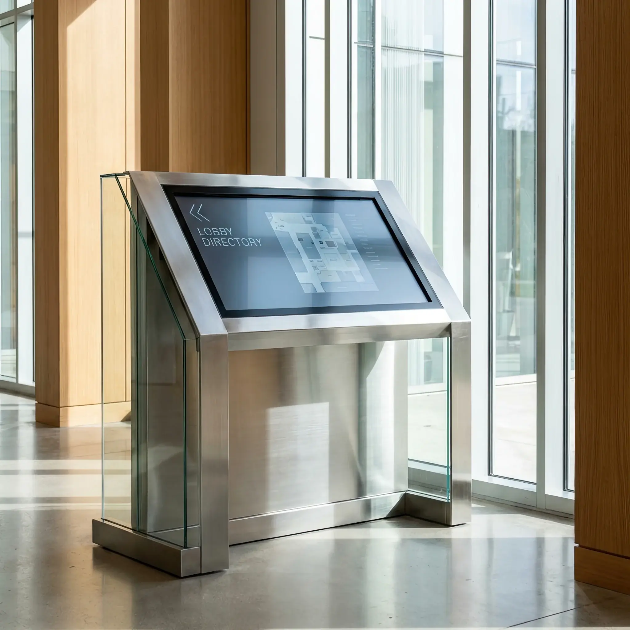 Архитектура и дизайн: Посетитель прокладывает маршрут на экране интерактивного навигационного киоска: нано-покрытие защищает панель от царапин и пятен