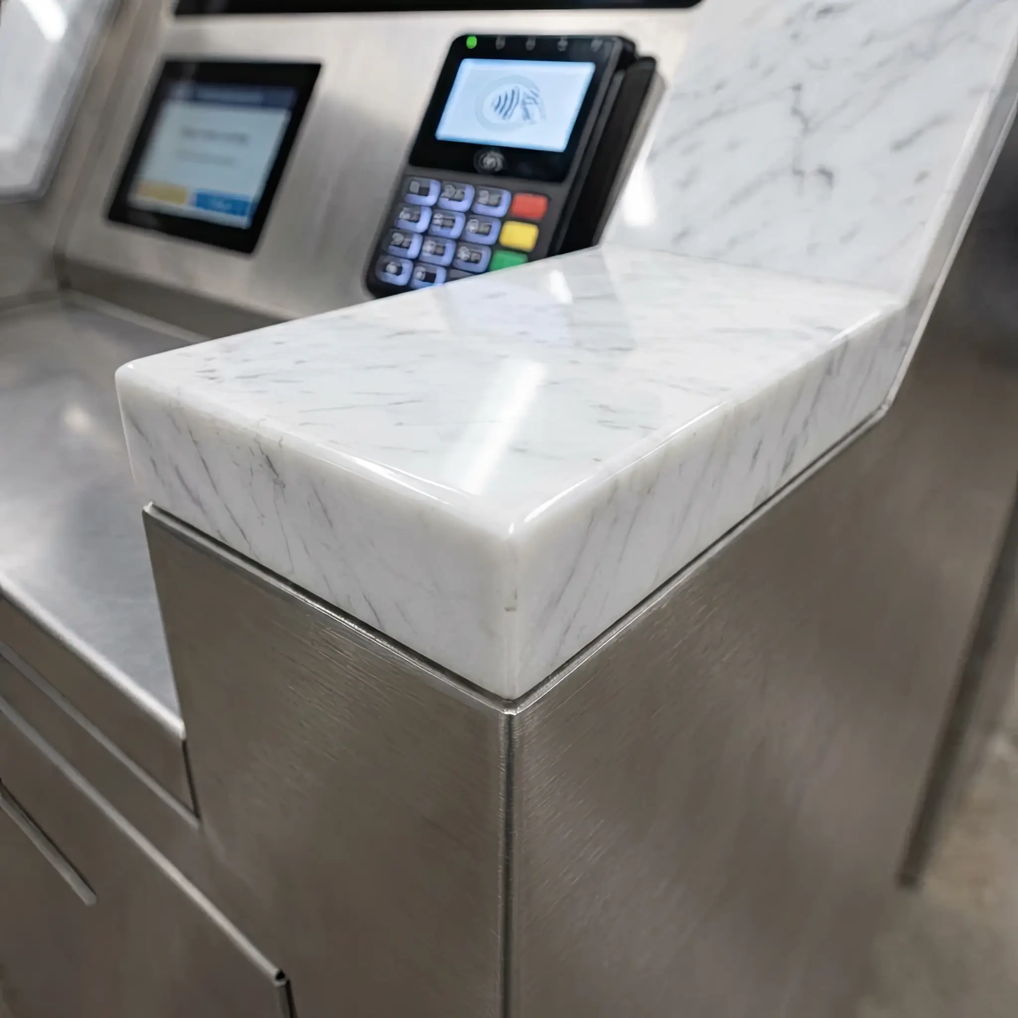 Interior detail: 2026 payment terminal with Pay-RE coating: stress test on mechanical damage resistance