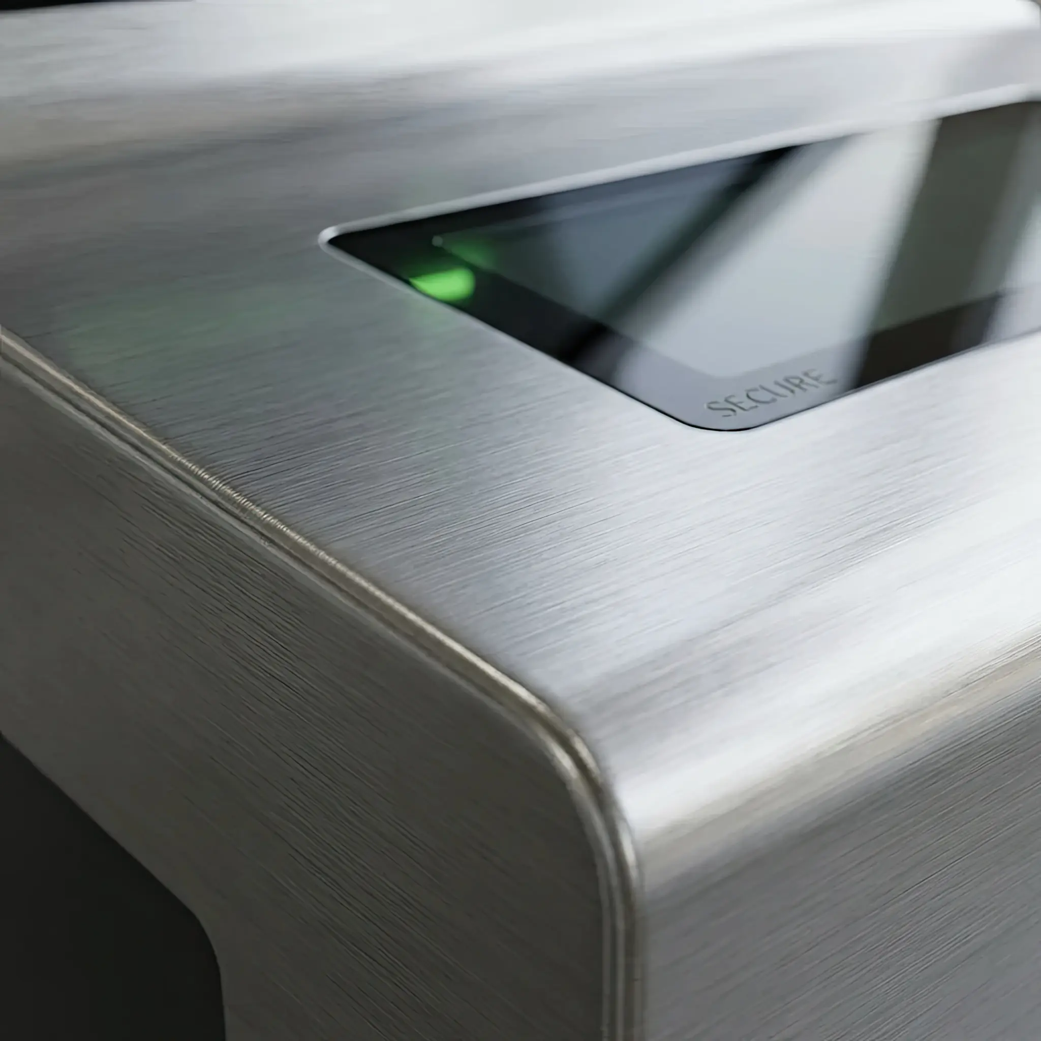 Interior detail: 2026 security kiosk with Guard-RE coating: protection molecular grid visualization