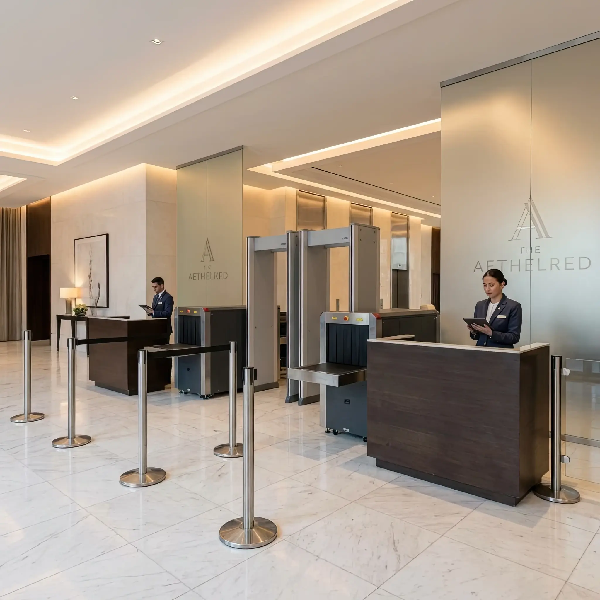 Архитектура и дизайн: Гость проходит проверку у киоска безопасности: нано-покрытие защищает поверхность от царапин при контакте с оборудованием