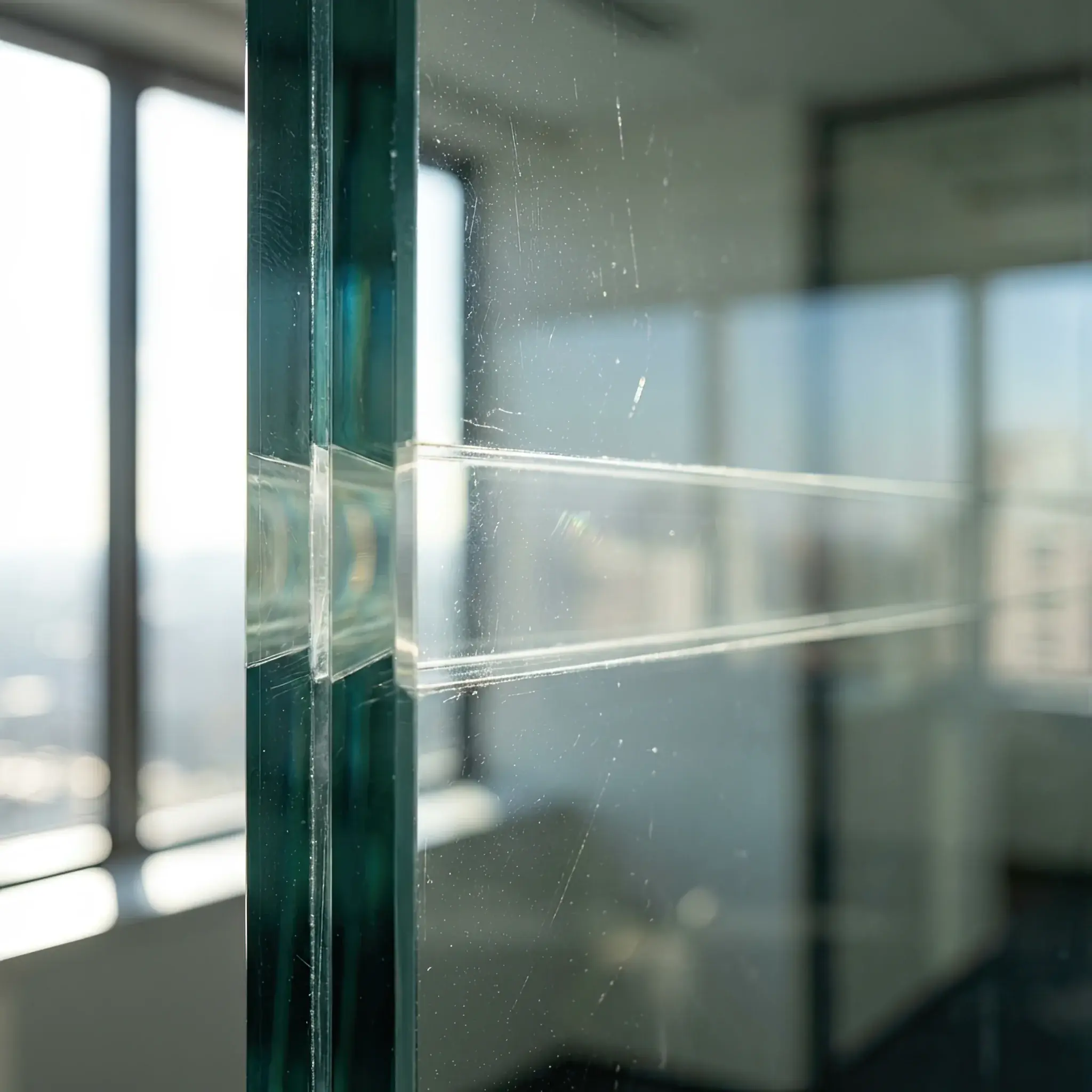 Interior detail: Heal-Lens 2026 nano-capsule layer within multi-layered glazing