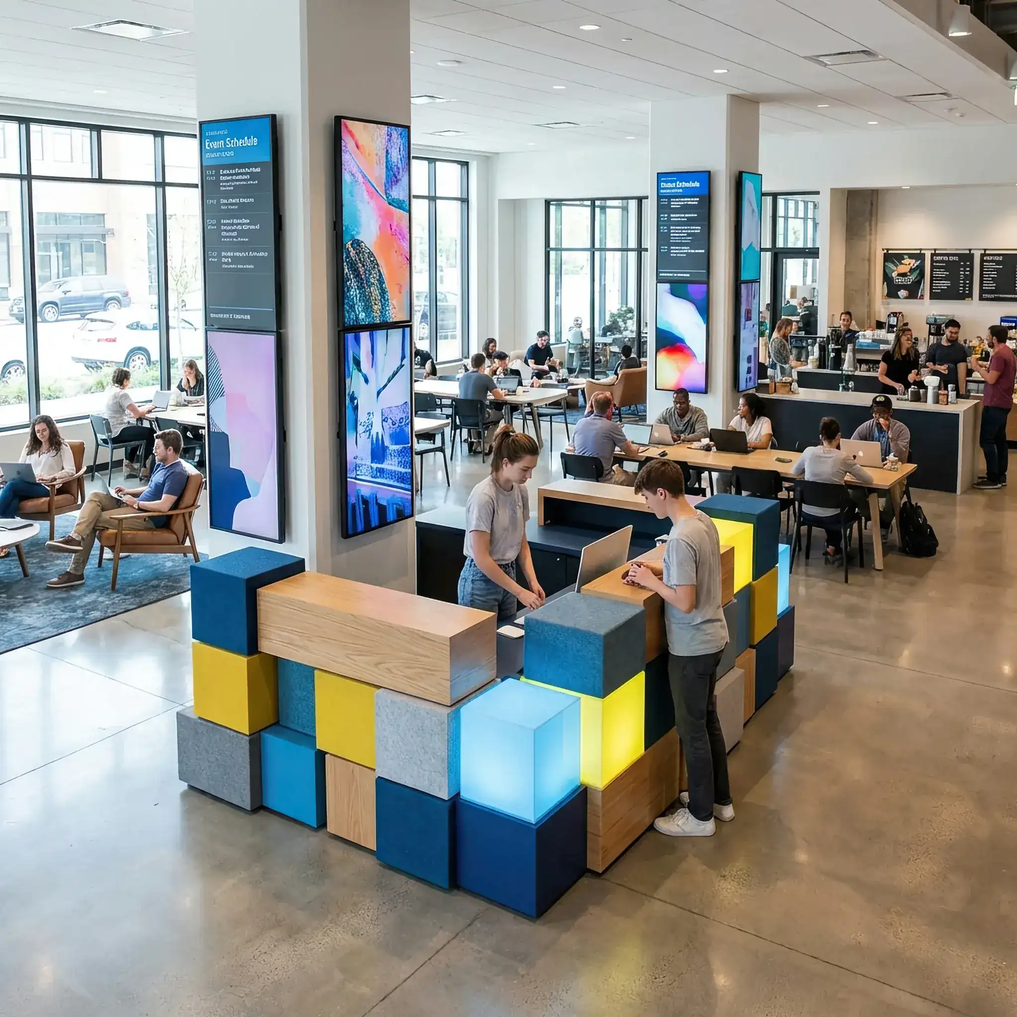 Архитектура и дизайн: Трансформируемая стойка приемная в современном коворкинге с мобильными модулями и цифровыми экранами