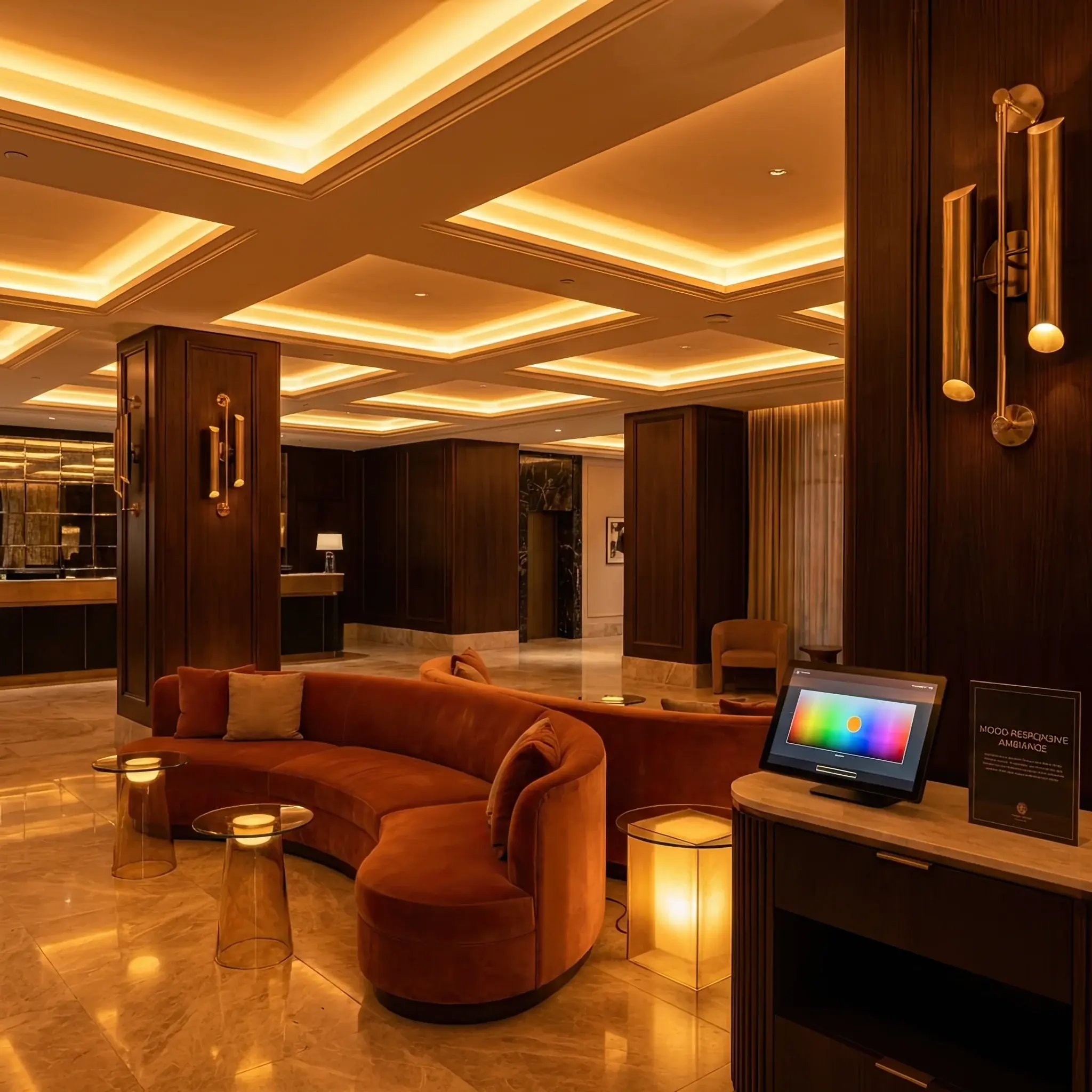 Архитектура и дизайн: Стильный интерьер вестибюль, где цветовые акценты мебели и освещения гармонично меняются