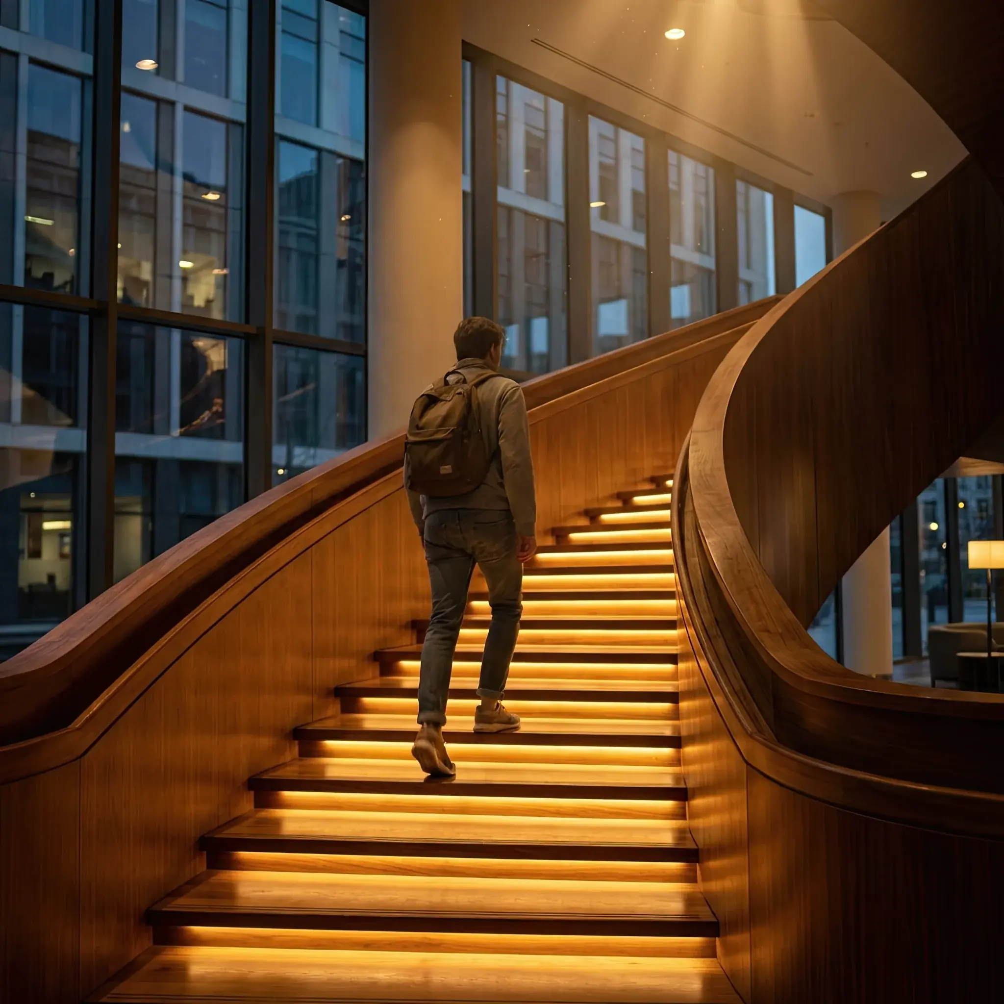 Архитектура и дизайн: Широкая интерактивная лестница в вестибюль с подсветкой и встроенной аудиосистемой