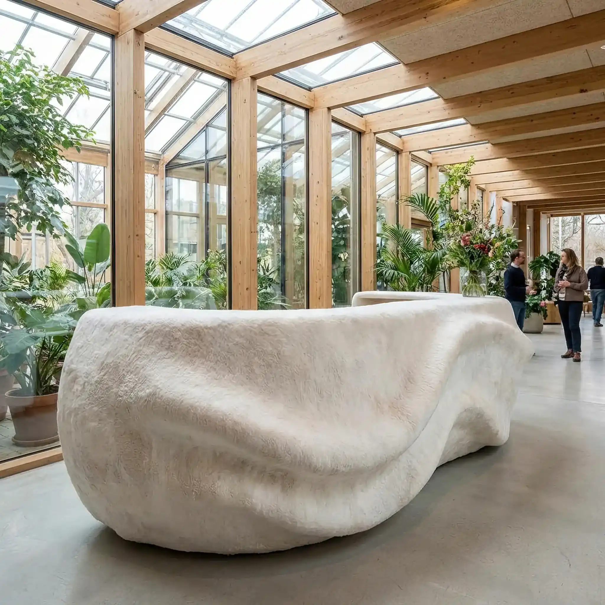 Архитектура и дизайн: Стойка приемная беловато-бежевого цвета с бархатистой текстурой, составленная из блоков мицелия