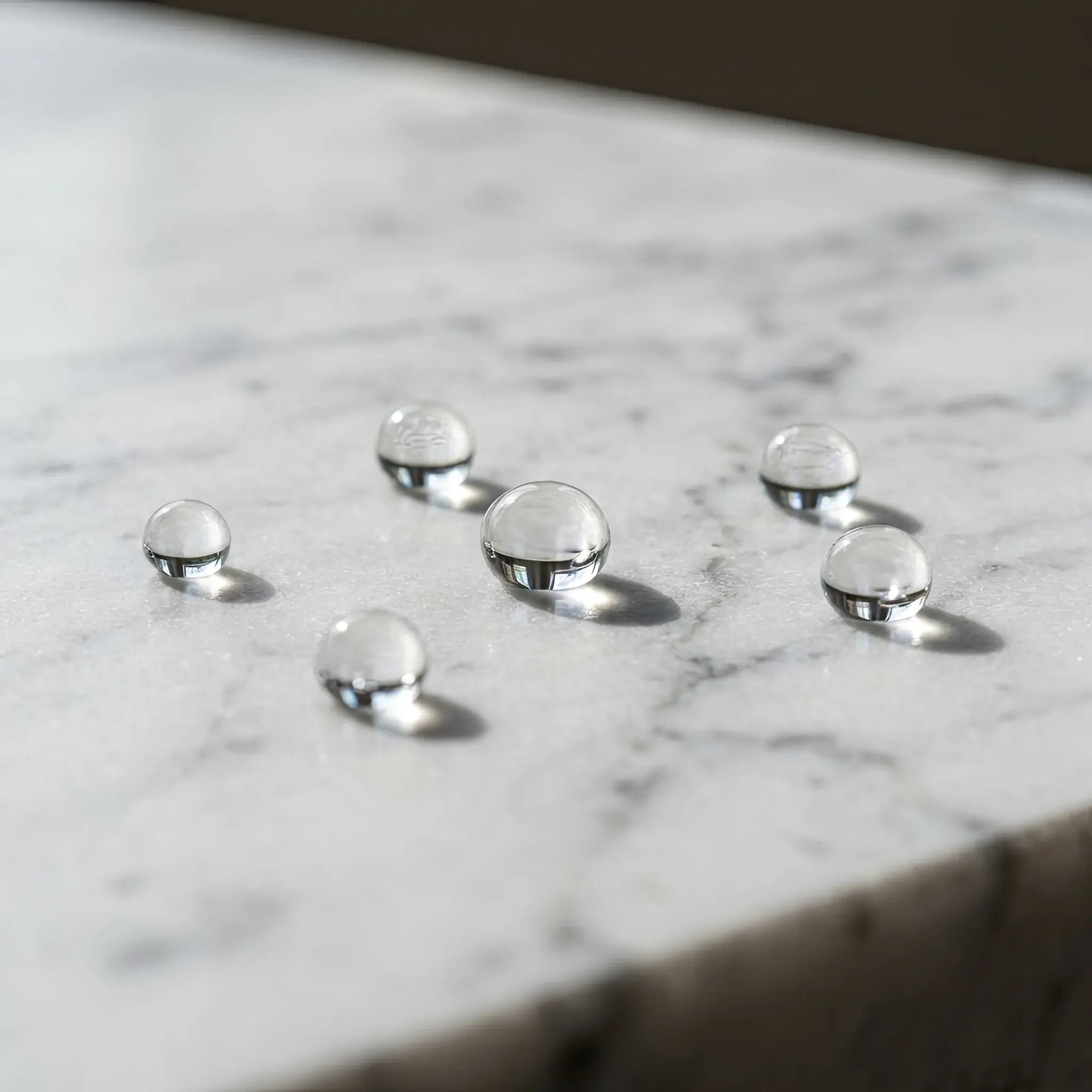 Архитектура и дизайн: Вода скатывается с поверхности мраморной стойки приемная идеальными каплями, демонстрируя гидрофобный эффект