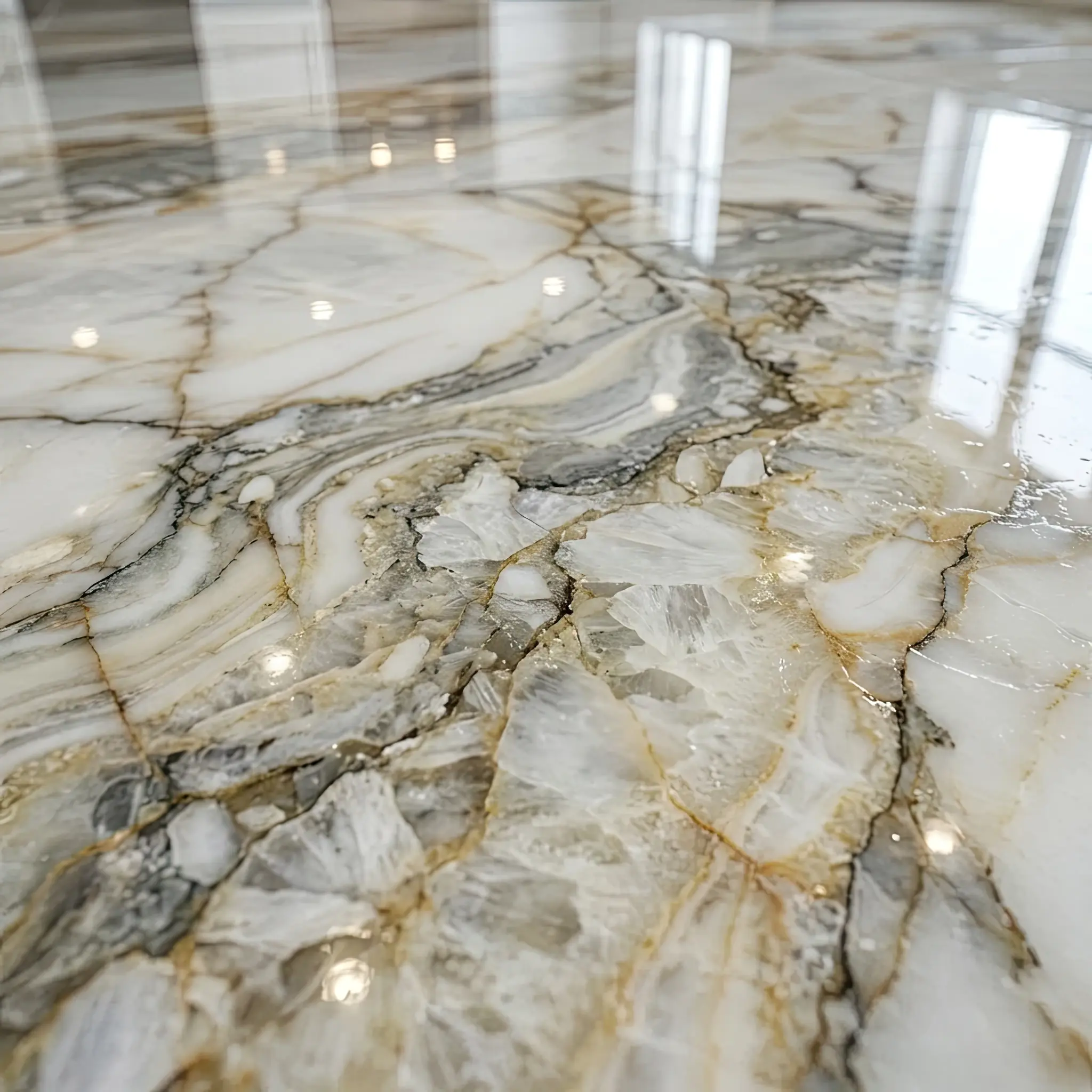 Interior detail: Comparison of a protected and unprotected section of marble slab under load