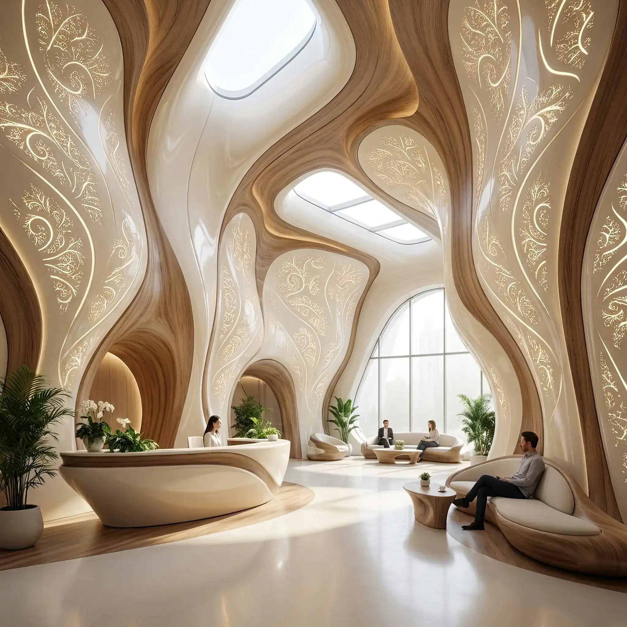 Архитектура и дизайн: Интерьер вестибюль с плавными бионическими формами и фрактальными узорами на стойке приемная