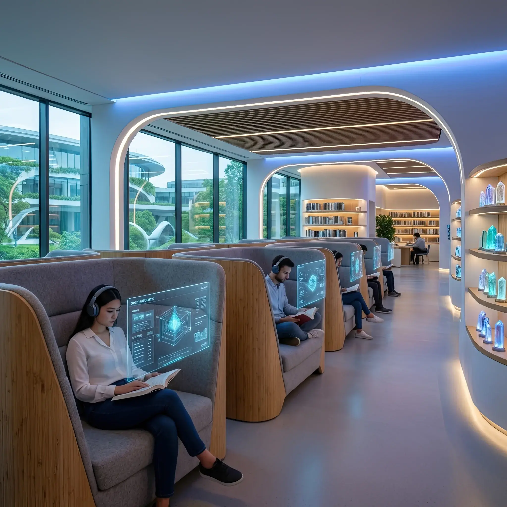 Архитектура и дизайн: Футуристическая библиотека с кабинами нейро-интерфейса и голографическими книгами
