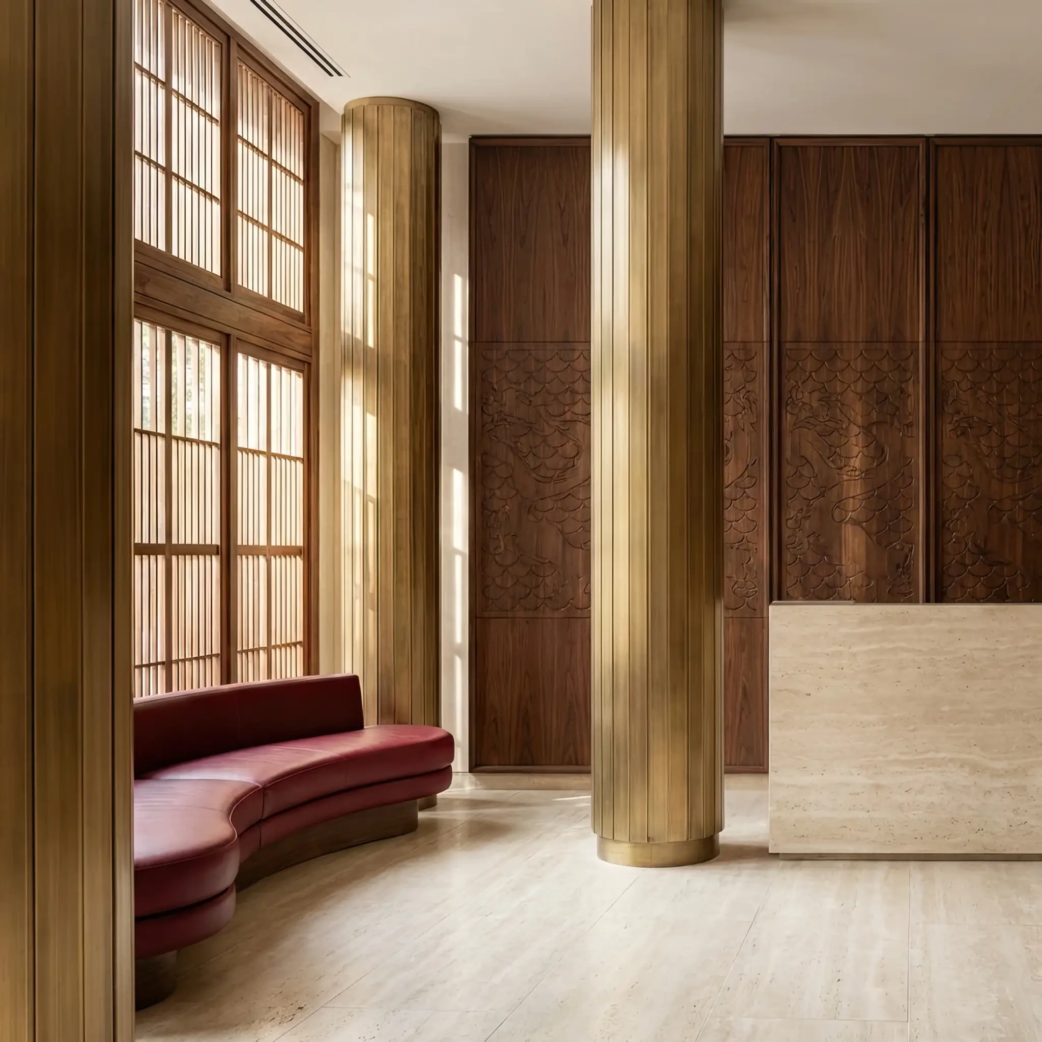 Interior detail: Wall panel with a parametric fractal pattern in a reception interior