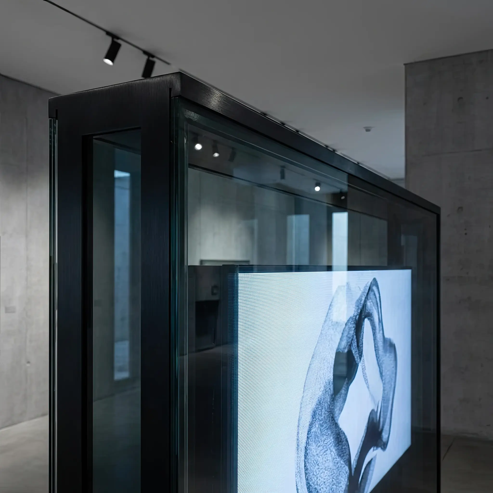 Interior detail: Reception terminal with MetaMask QR code and animated NFT on screen