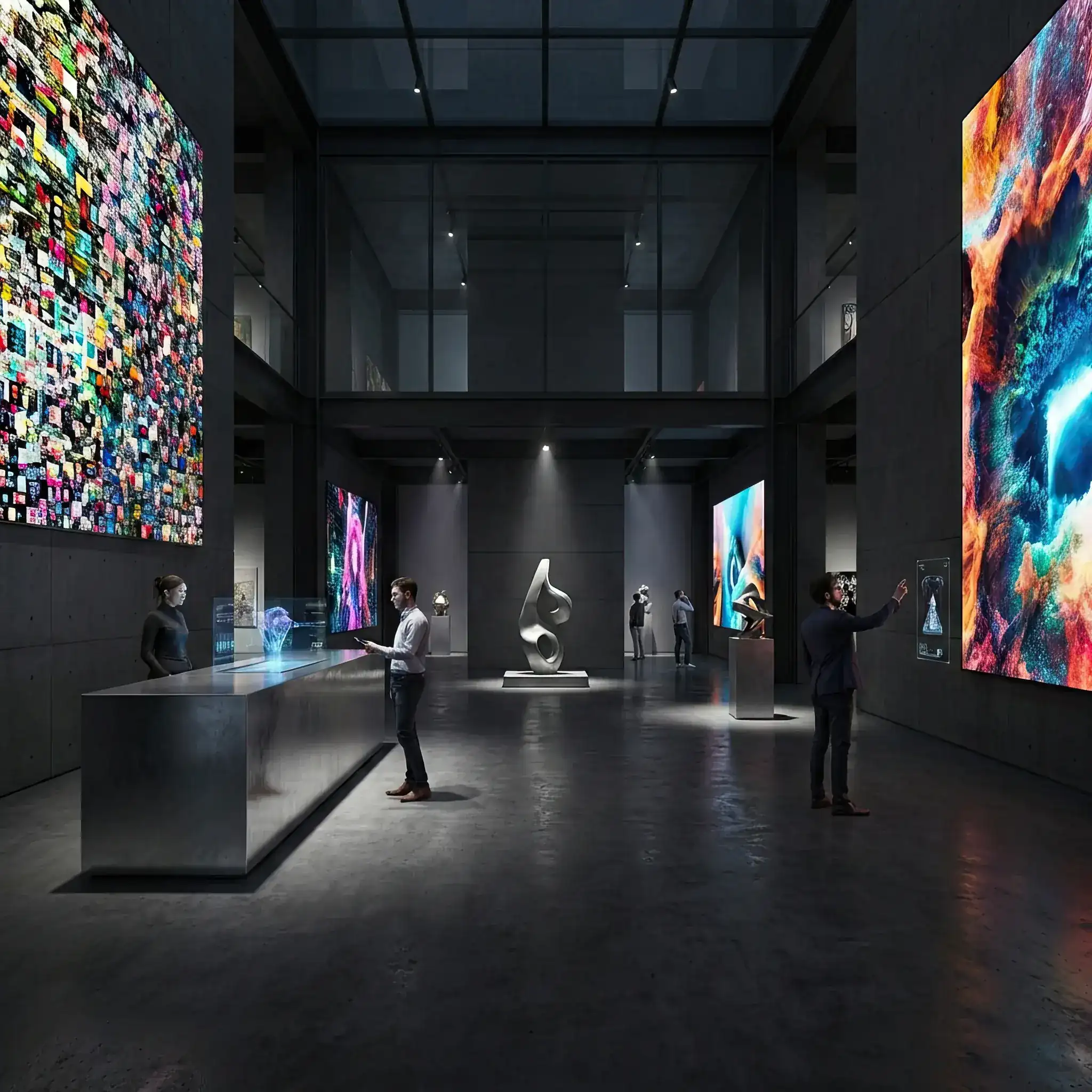 Архитектура и дизайн: Минималистичное вестибюль NFT-галереи с огромными OLED-экранами, показывающими цифровое искусство