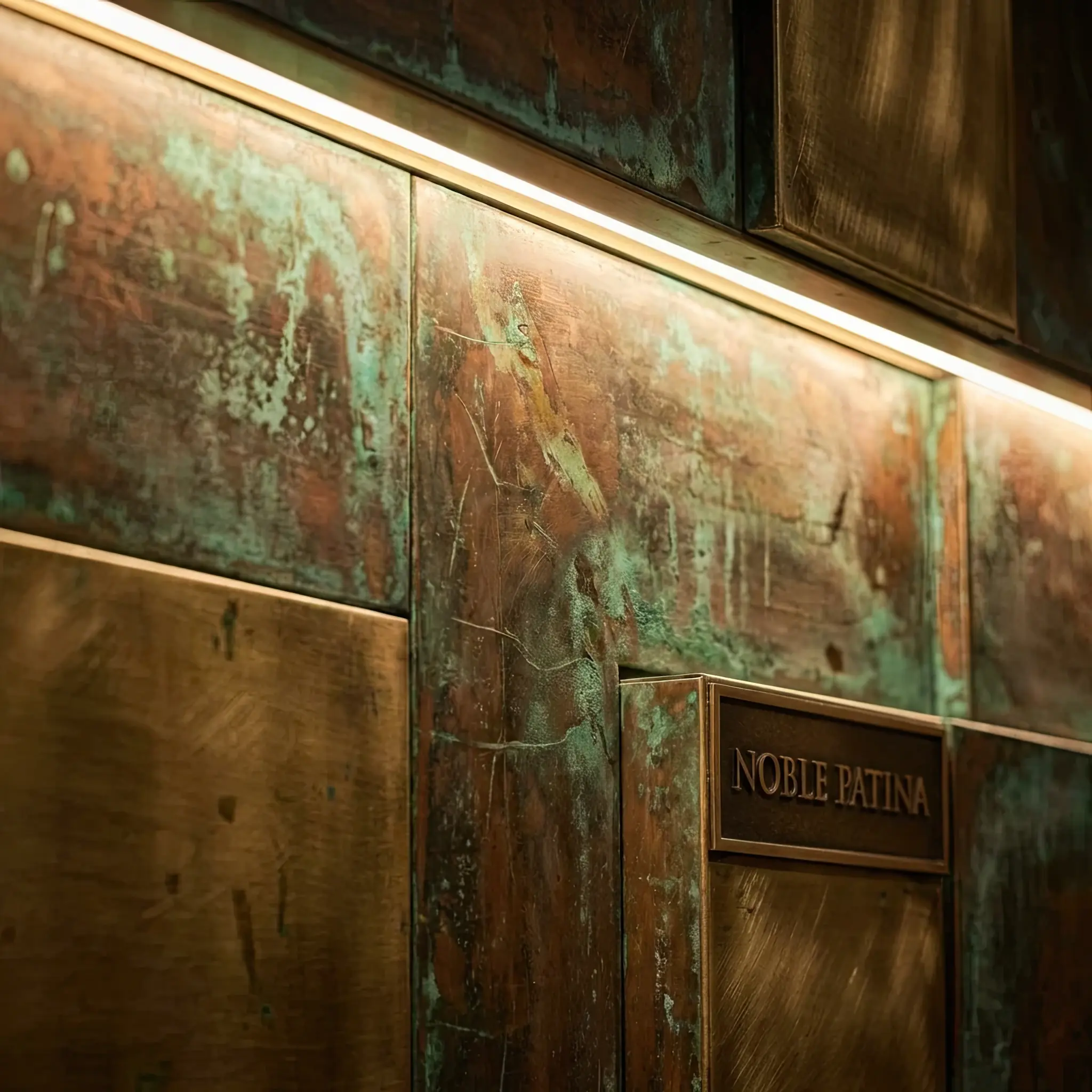 Interior detail: Craftsman applying oxidizing composition to a brass sheet, revealing complex texture