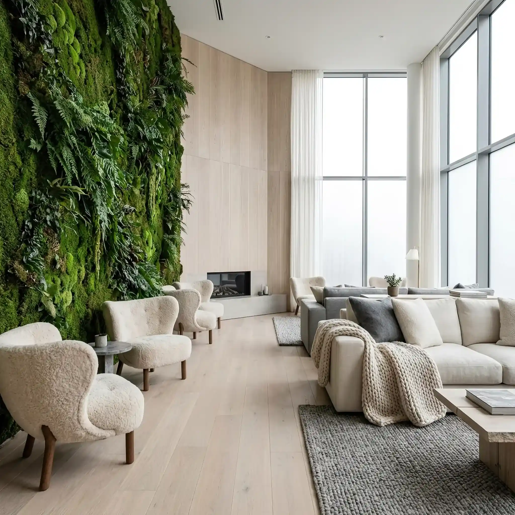 Архитектура и дизайн: Стойка приемная из необработанного гранита и светлого дерева на фоне стены из стабилизированного мха