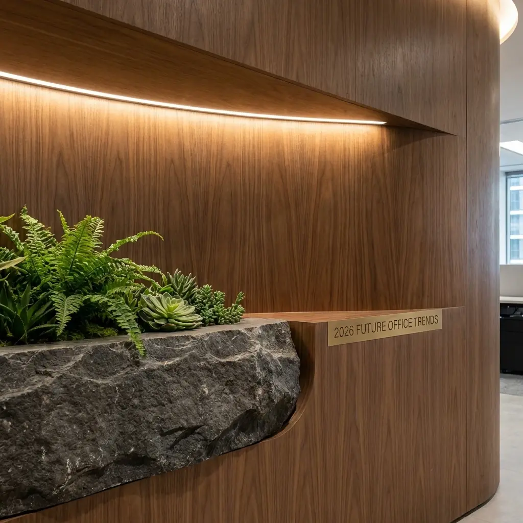 Interior detail: Reception desk with hidden interfaces and a projection control panel