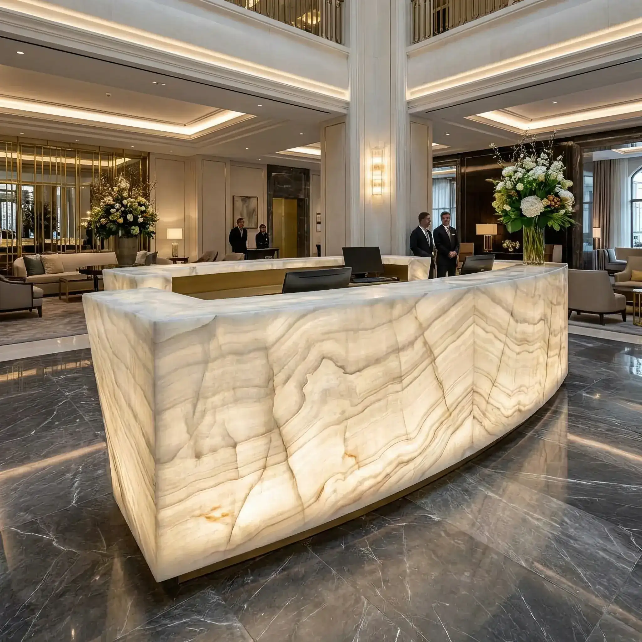 Архитектура и дизайн: Стойка приемная из медового оникса с мягкой внутренней подсветкой, создающей эффект теплого свечения