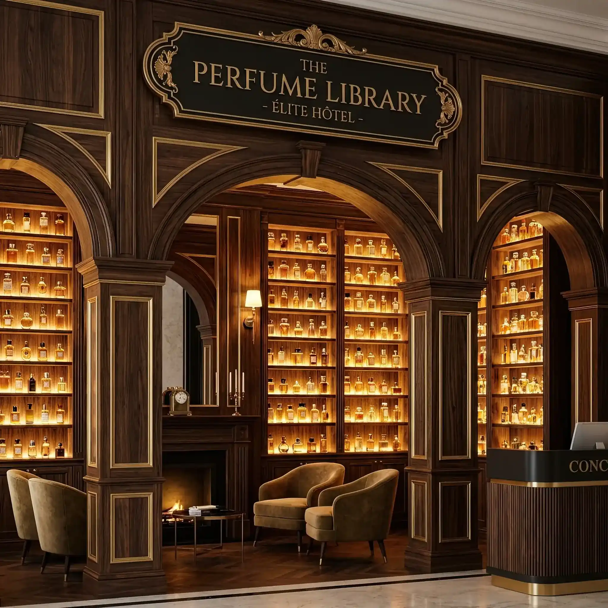 Архитектура и дизайн: Роскошный вход в здание с подсвеченными витринами-колбами и элегантной зоной приемная