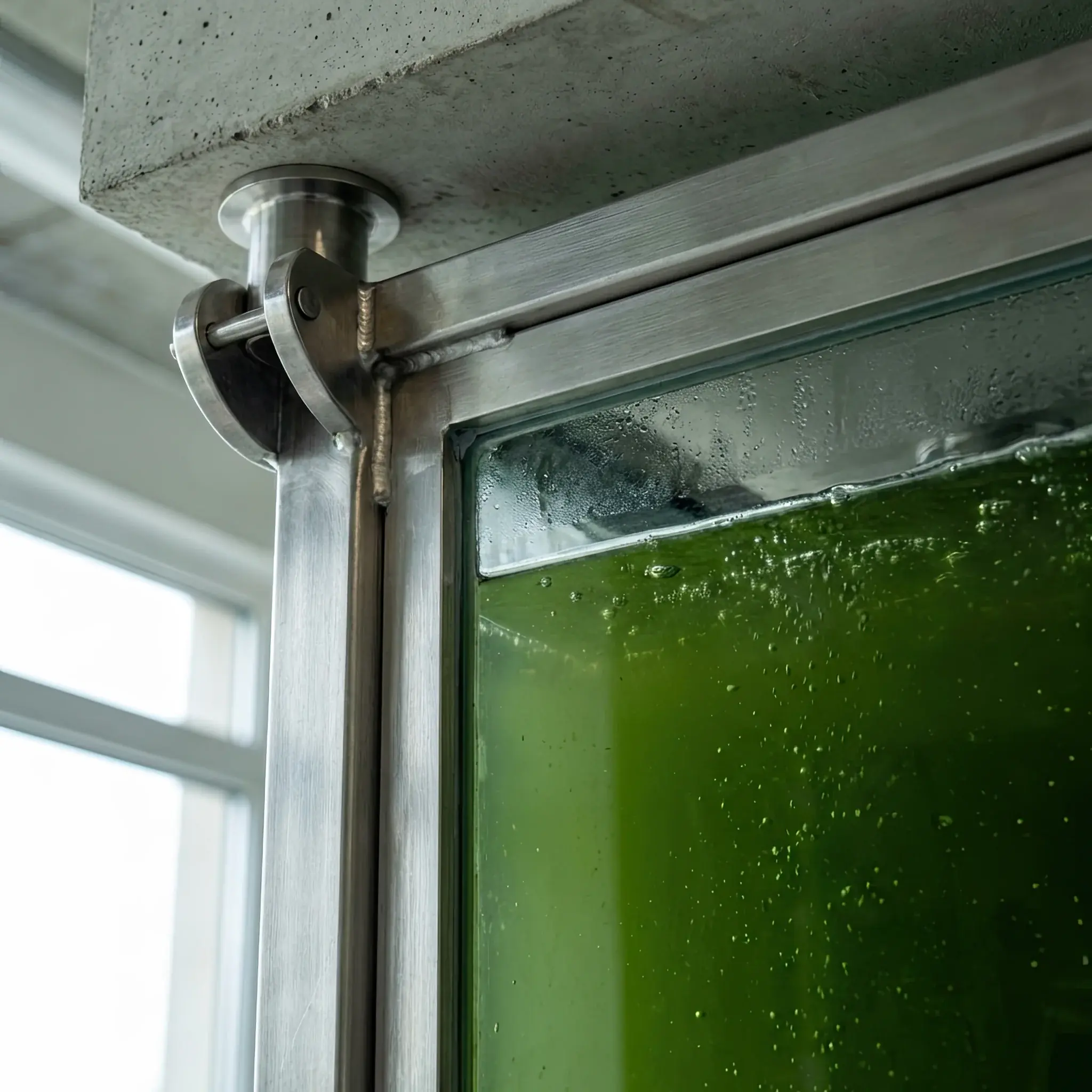 Interior detail: Bio-Light 2026 lighting installation utilizing algae bioluminescence for soft night lighting