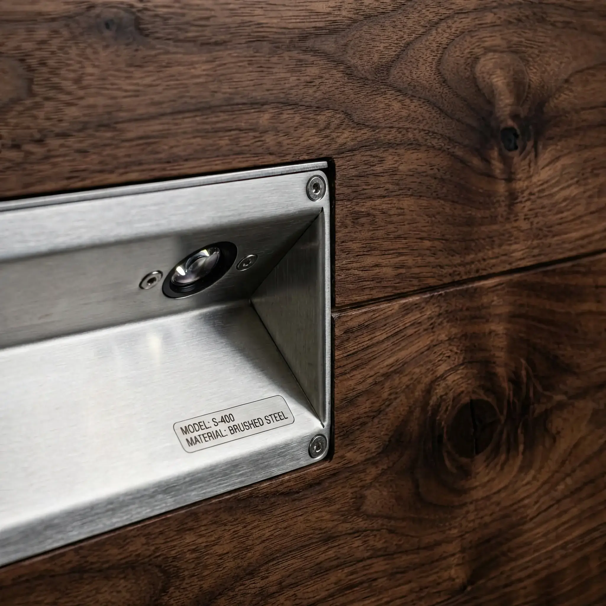 Interior detail: Stealth-Drop 2026 reception hatch integrated into a seamless acrylic stone countertop