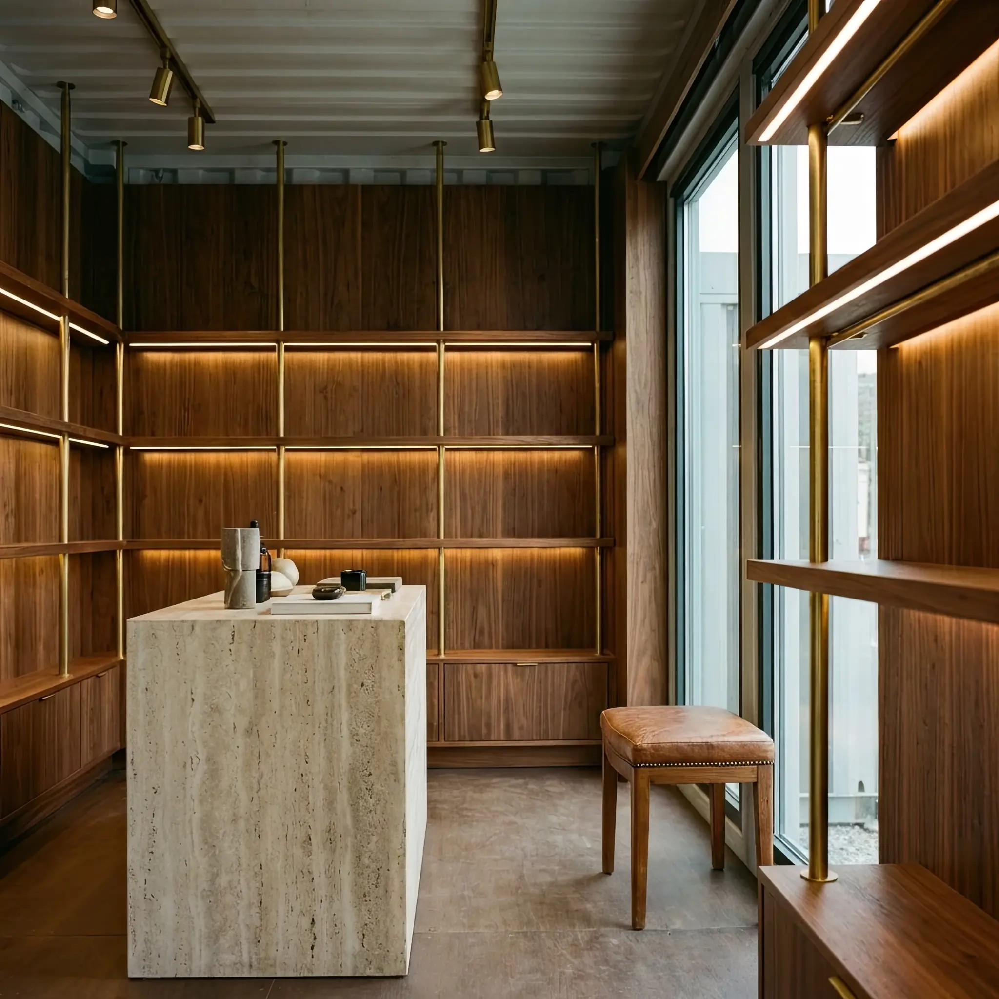 Interior detail: Container boutique with neon sign and a queue of photographing people