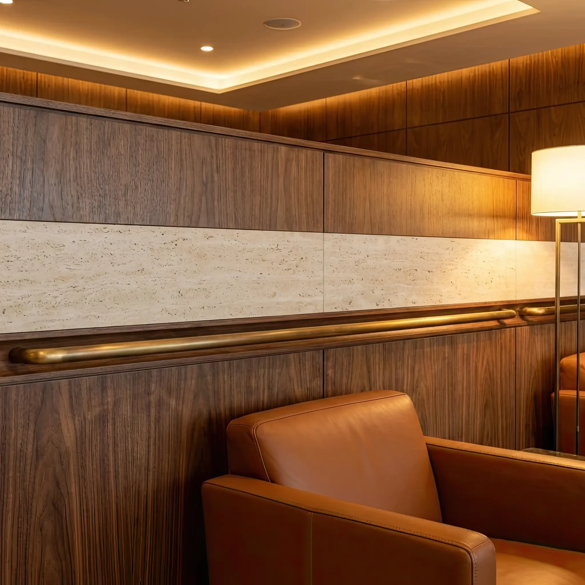 Interior of a private terminal waiting zone with an integrated reception desk