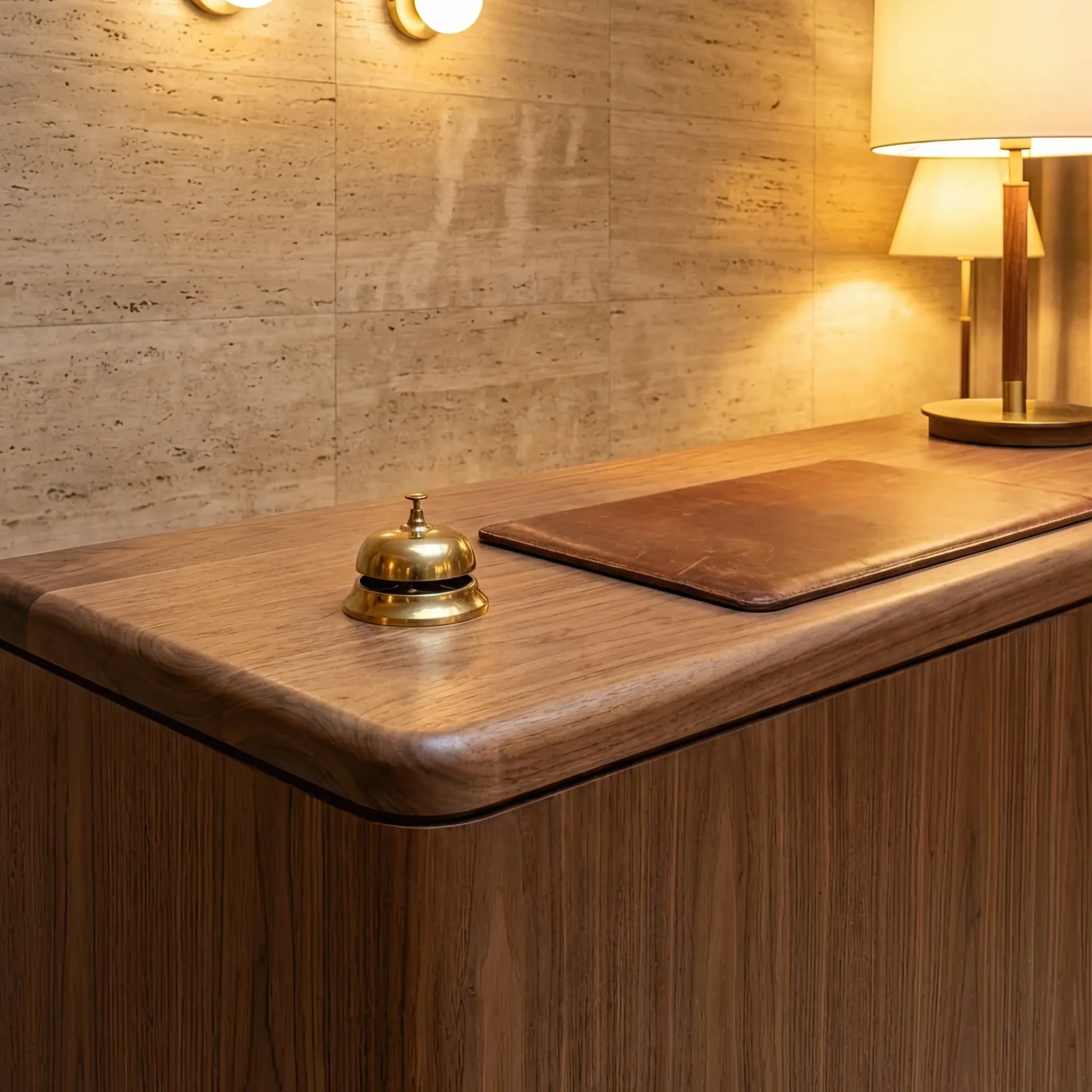Interior detail: Guest's hand touching a polished natural onyx surface, emphasizing design tactility