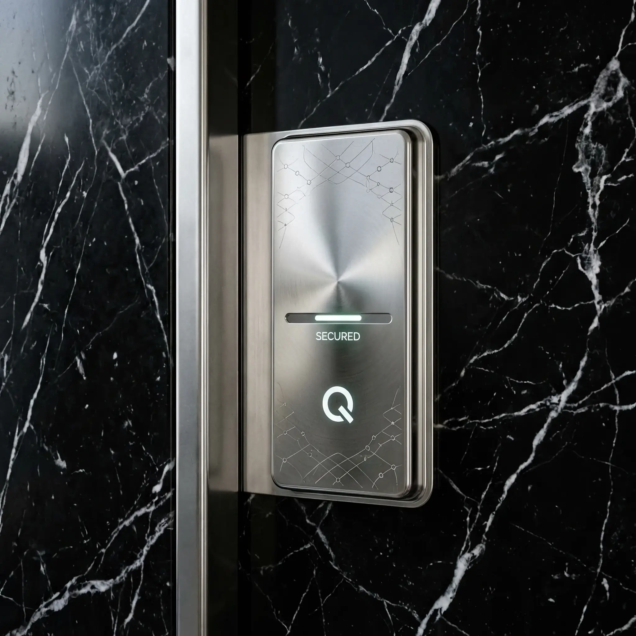 Interior detail: Diagram of an encrypted key being transmitted via a quantum fiber-optic channel in a building