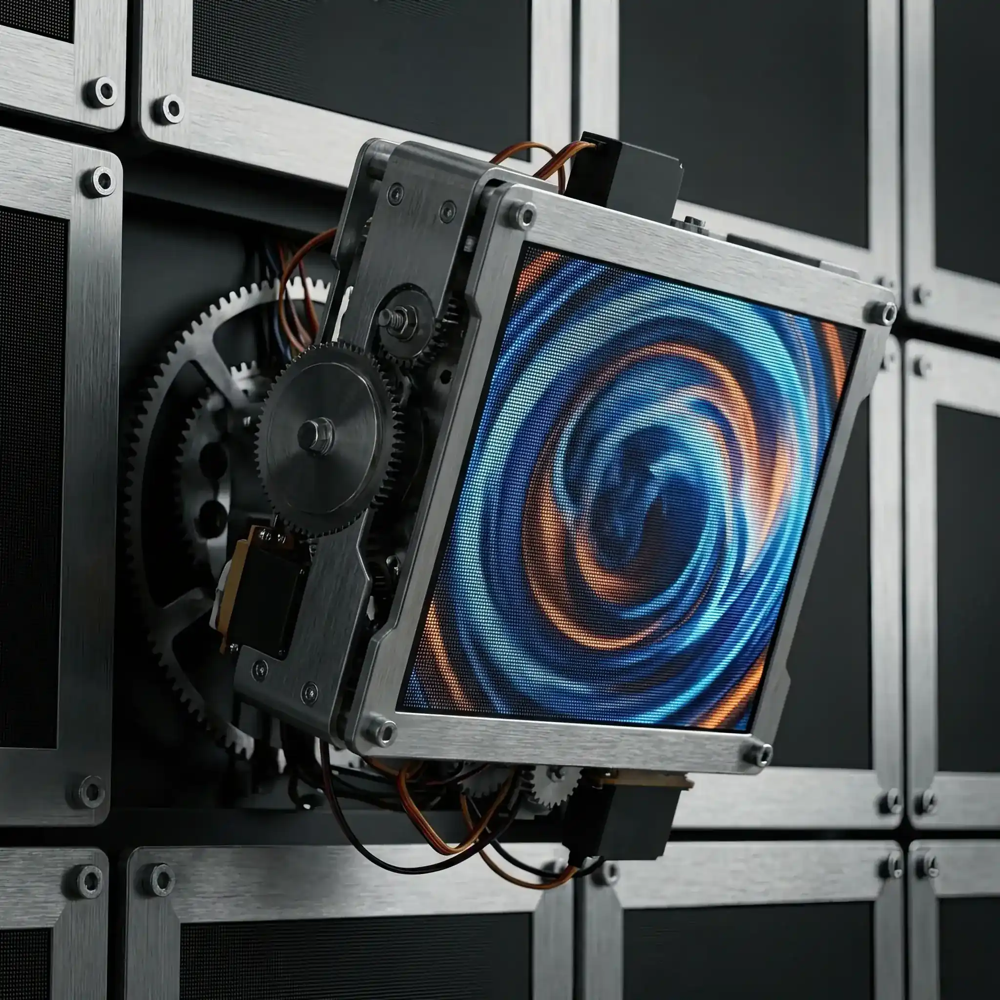 Interior detail: Demonstration of Q-LED panel flexibility, smoothly wrapping around a lobby column corner